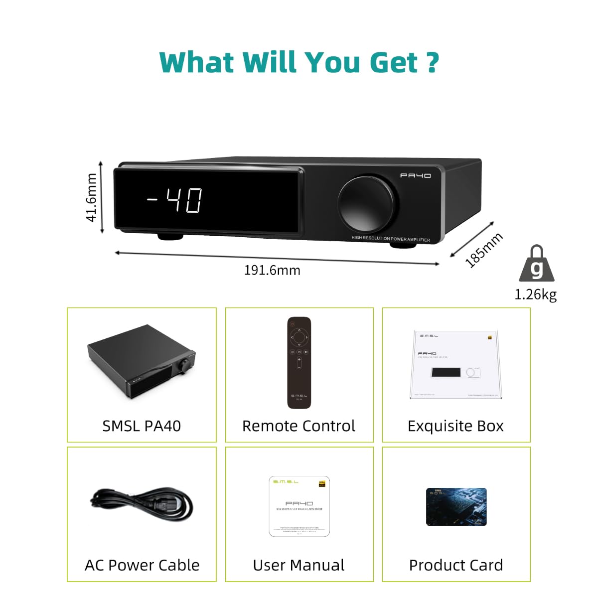 SMSL PA40 Class D Power Amplifier - 165W x 2 Stereo HiFi Audio Amplifier with MA5332 Chip, EQ, Bass & Treble Control, Built-in Power Supply for Passive Speakers - Perfect for Home Theater, Studio Monitor, and Audiophile Sound Systems