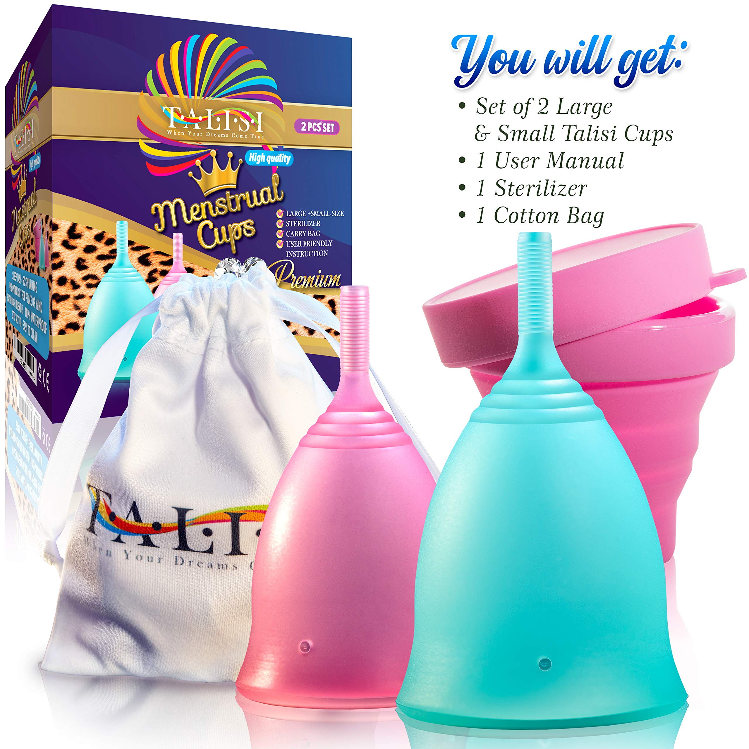 Talisi Reusable Menstrual Cups Set of 2 - Soft Flexible Period Cups for Women (Small & Large Size) | Includes Collapsible Sterilizer | Eco-Friendly Alternative to Tampons & Pads | Ideal for Regular & Heavy Flow | Perfect for Travel, Gym & Active Lifestyles
