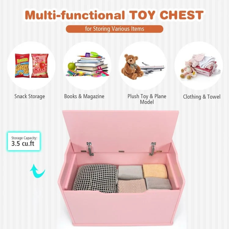 Wooden Flip Top Storage Box with Cushion - Kids Toy Chest Bench with Hinge in Pink | Perfect for Nursery, Playroom & Bedroom Organization