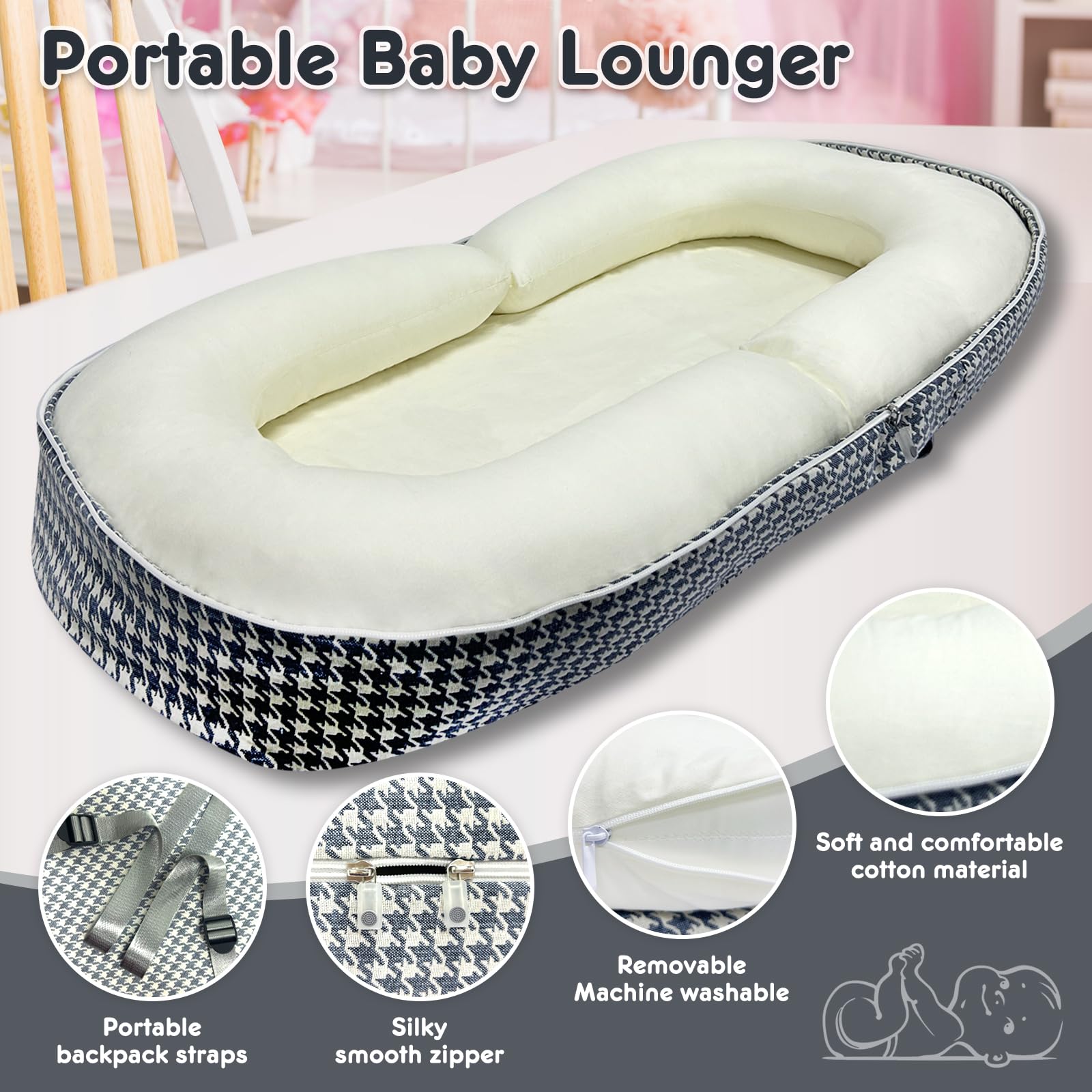 Foldable Portable Baby Lounger for Newborns 0-24 Months - Soft Infant Nest Cover for Home & Travel - Breathable Beige Baby Bed - Perfect for Nursery, Co-Sleeping & On-the-Go Parenting