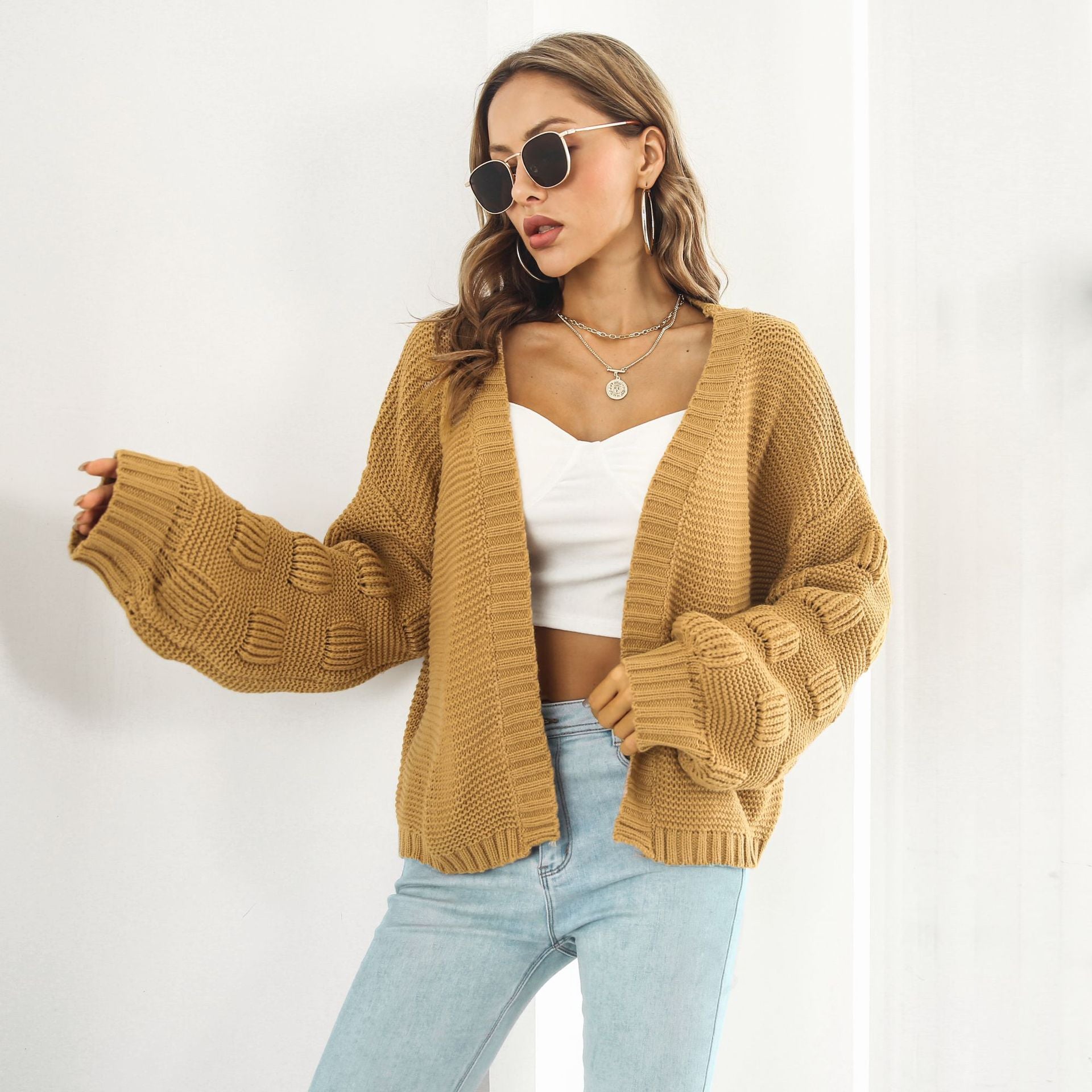 Women's Chunky Knit Puff Sleeve Cardigan Sweater - Cozy Front Button Knitwear Coat for Fall & Winter Layering