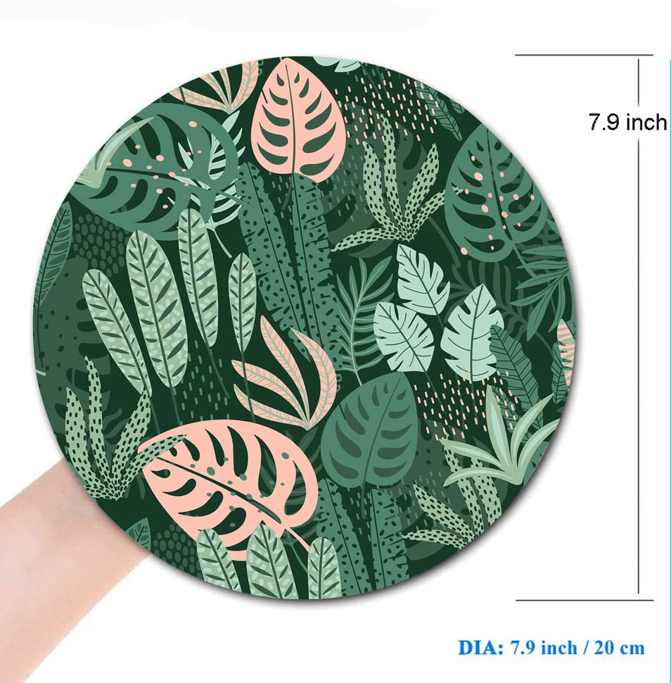 Tropical Plant Leaves Round Mouse Pad - Green Washable Gaming Mousepad with Non-Slip Rubber Base for Wireless Mouse | Desk Computer Accessories for Office & Home Use