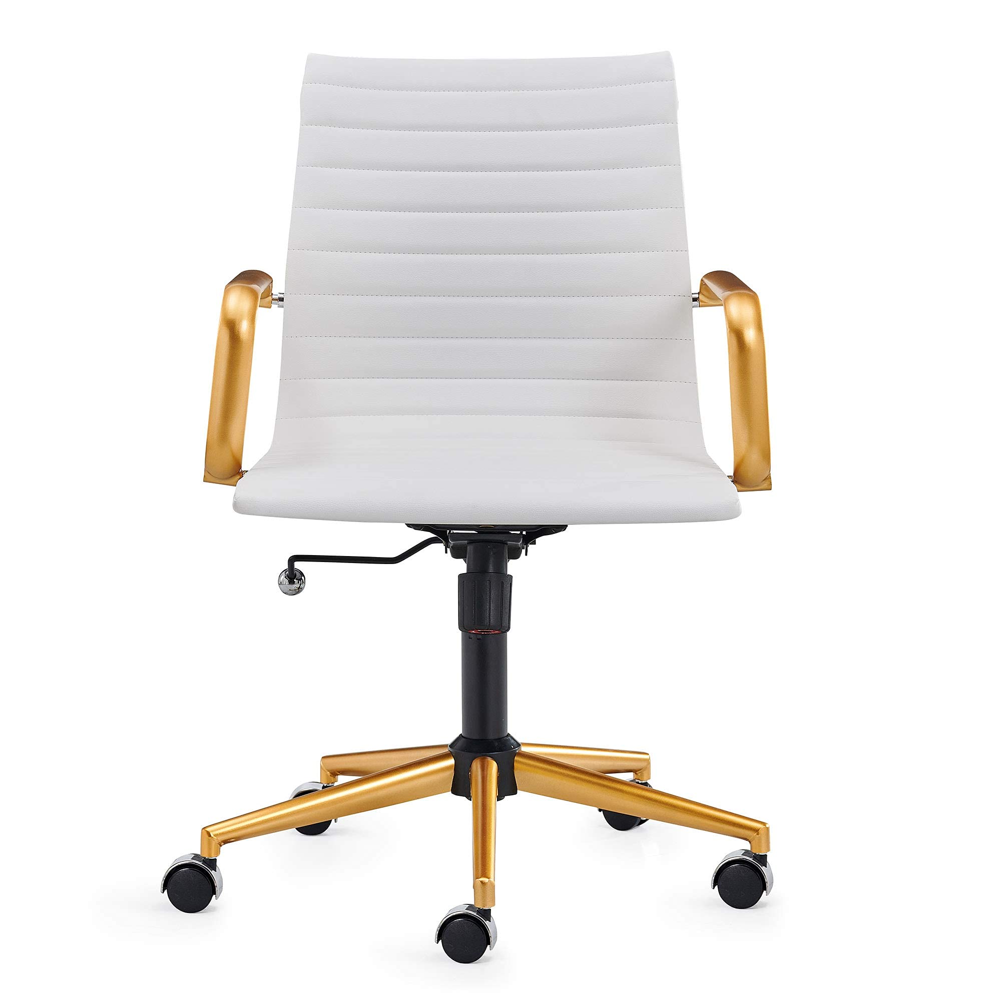 Premium Ergonomic Office Chair - Modern Leather Swivel Executive Desk Chair with Ribbed Design, Rolling Wheels for Home & Office - Perfect for Conference Rooms, Bedroom Workspaces & Task Chairs (White & Gold)