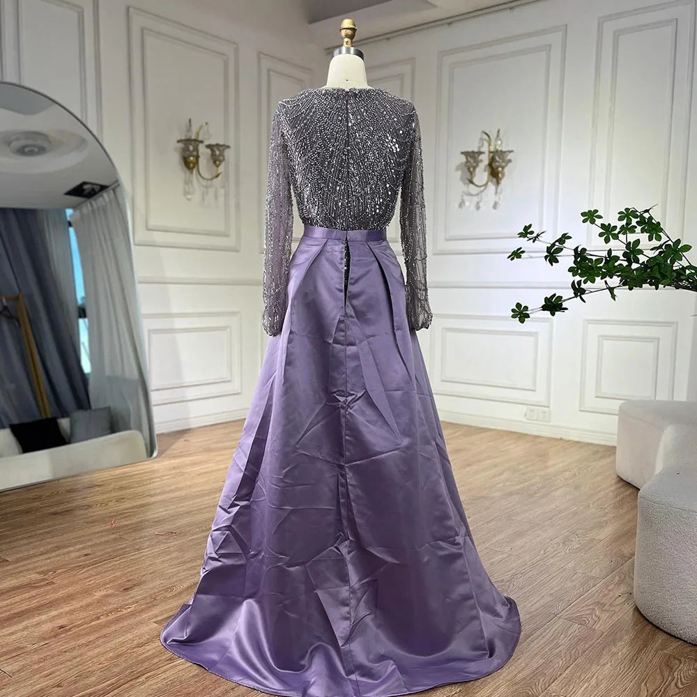 Serene Hill Muslim Purple Mermaid Beaded Pearls Evening Gown with Detachable Overskirt for Women | Elegant Wedding Dress & Party Gown 2025 LA72032E | Perfect for Bridal Showers, Formal Events & Special Occasions