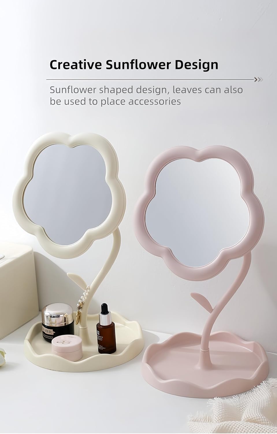 7Seas Sunflower Shaped Vanity Mirror with Jewelry Hooks - Portable Desktop & Wall Mount Makeup Mirror with Tray for Bedroom, Bathroom, Dressing Table - Perfect for Travel, Bridal Makeup & Home Decor