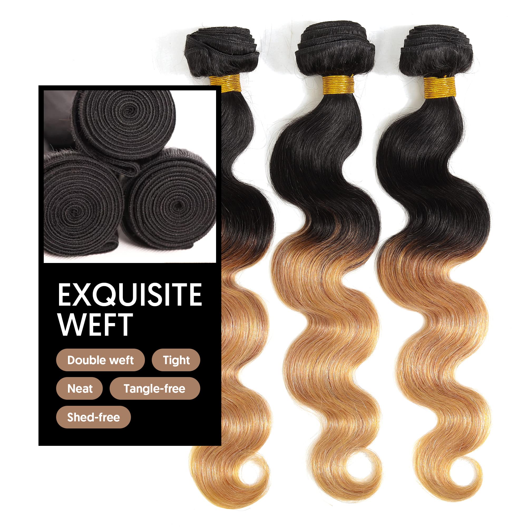 15A Brazilian Human Hair Bundles 100% Unprocessed Virgin Remy Hair - Body Wave 3 Bundles (T1B/4/27, 20