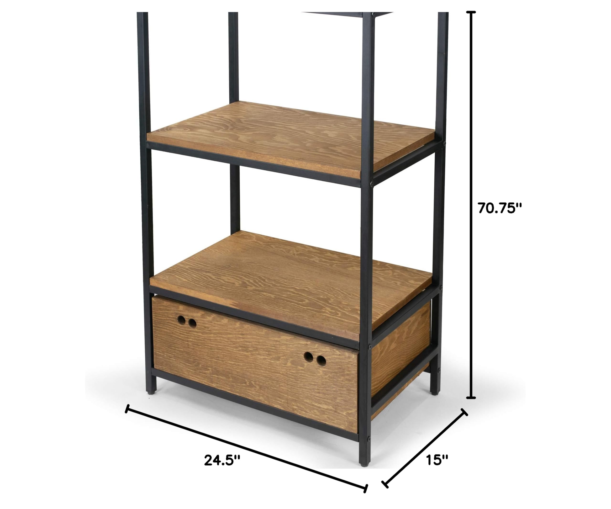 Amy Brown Pine Wood Display Shelf with Metal Frame & Drawer - Stylish Bookcase for Living Room, Bedroom, or Office Storage & Organization