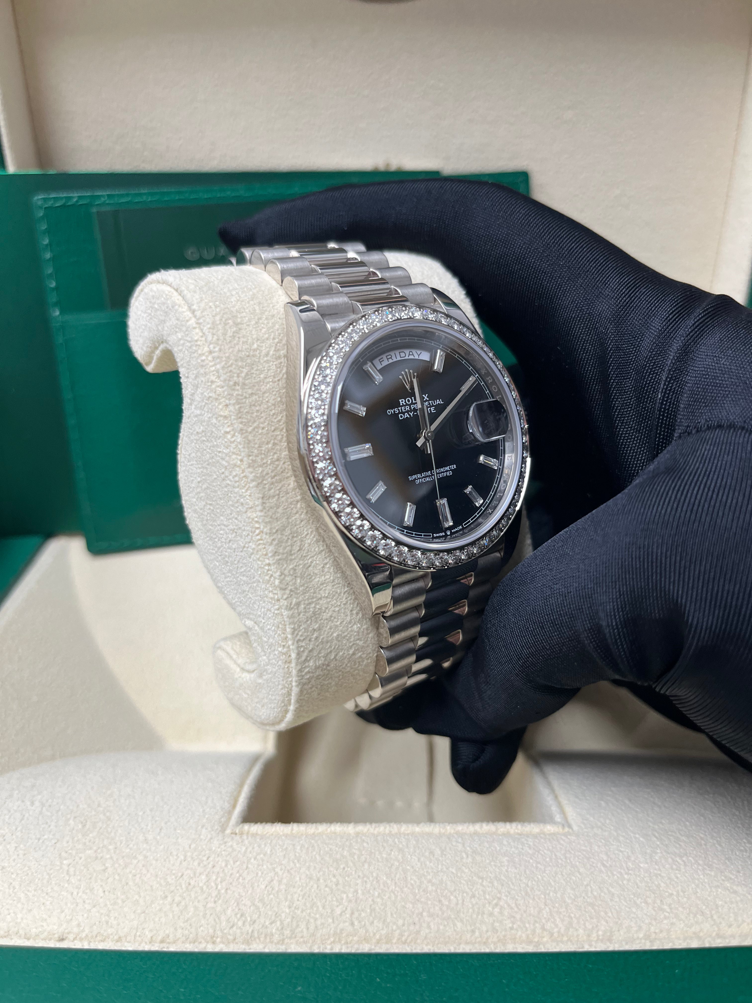 Rolex Day Date 40 White Gold Men's Watch with Black Baguette Diamond Dial & Fluted Bezel - Luxury Dress Watch for Business & Formal Occasions