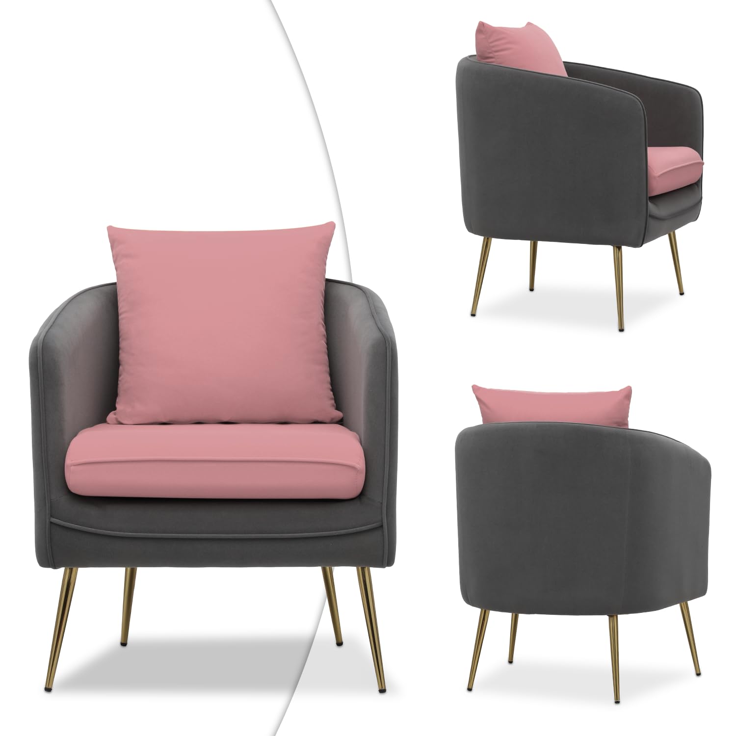 Magshion Modern Accent Chair with Backrest Pillow - Barrel Armchair for Small Spaces, 550 lbs Capacity Upholstered Single Sofa in Pink & Gray - Perfect for Living Room, Bedroom, Office & Reading Nook