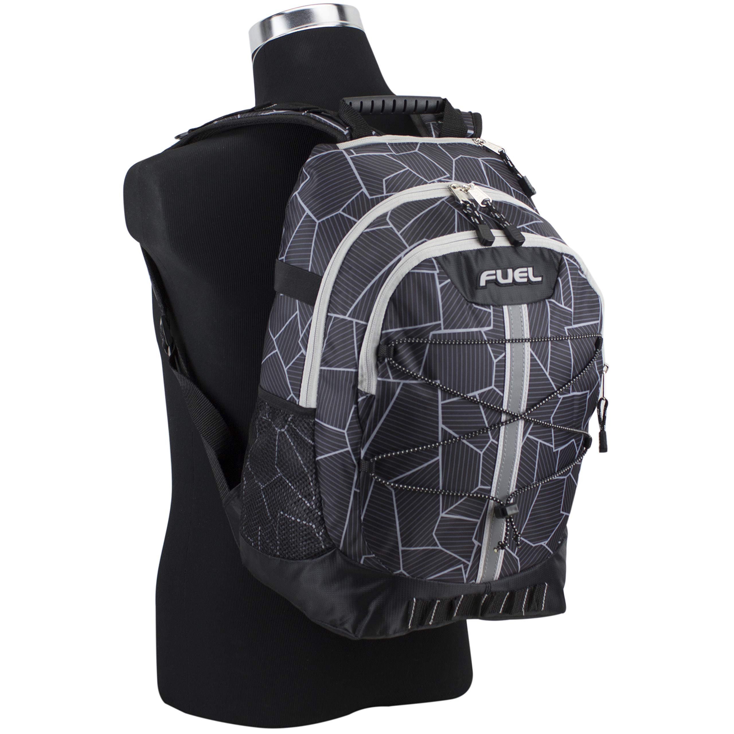 FUEL Terra Sport Hiking Backpack for Women & Men - 18 Inch Travel, College, Gym & Work Backpack with Laptop Sleeve & Bungee Straps - Black Geometric Design - Perfect for Outdoor Adventures, Commuting & Daily Use