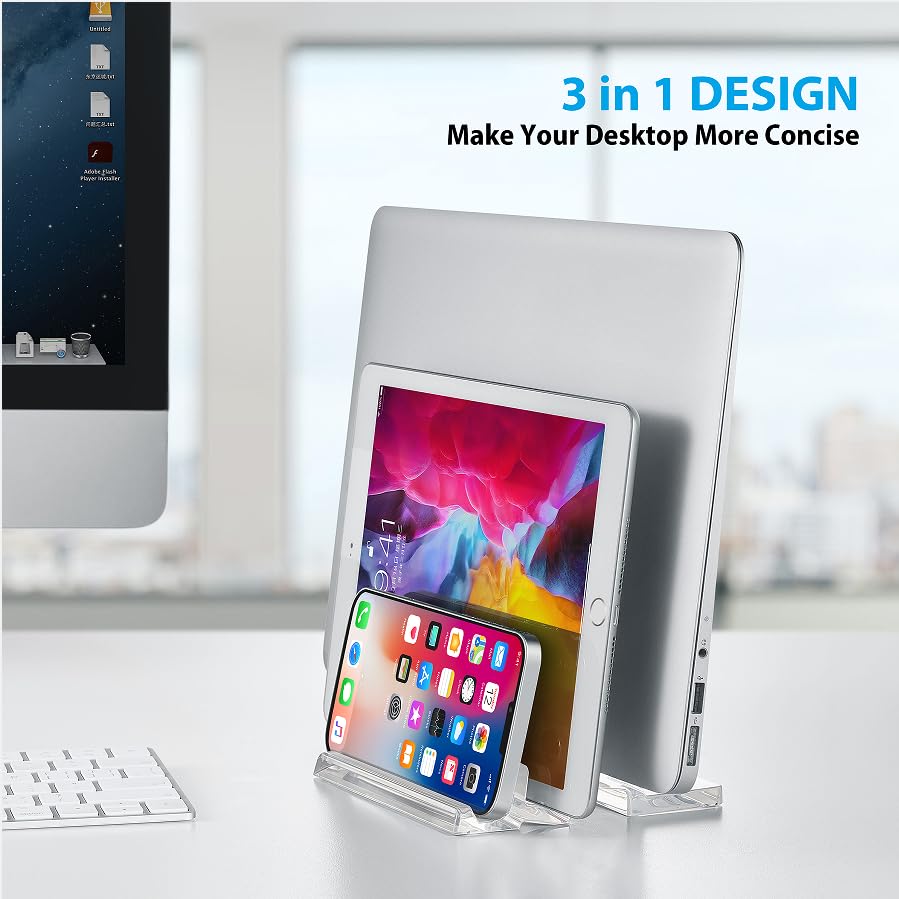 Premium Acrylic 3-Slot Vertical Laptop Stand - Space-Saving Desktop Organizer for Laptop, MacBook, Tablet & Phone (Transparent) - Perfect for Home Office, Dorm & Workspace Organization