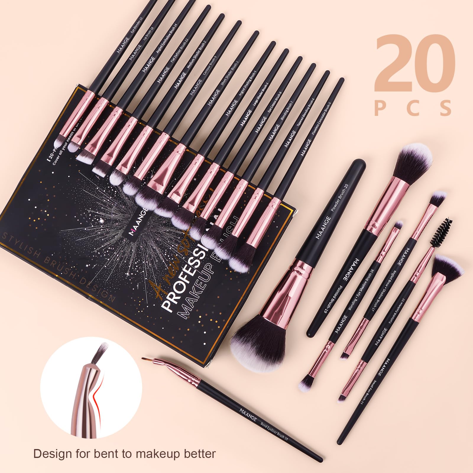 20-Piece Professional Makeup Brush Set - Foundation, Eyeshadow, Blush & Kabuki Brushes for Flawless Face & Eye Makeup | Travel-Friendly with Gift Box (Black) | Perfect for Daily Use, Bridal Makeup & On-The-Go Touch Ups