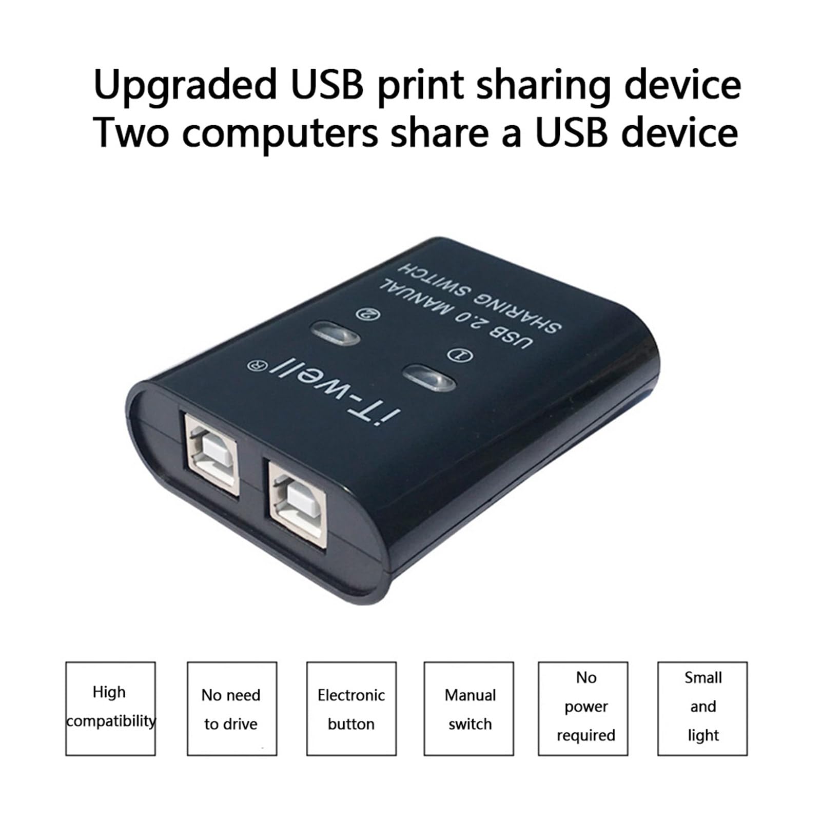 HOOLRZI 2-Port USB 2.0 Manual Switch Hub - 2 In 1 Out Printer Sharing Device & Data Transfer Converter for PC/Laptop (Black/White) - Perfect for Home Office & Multi-Device Workspace Setup