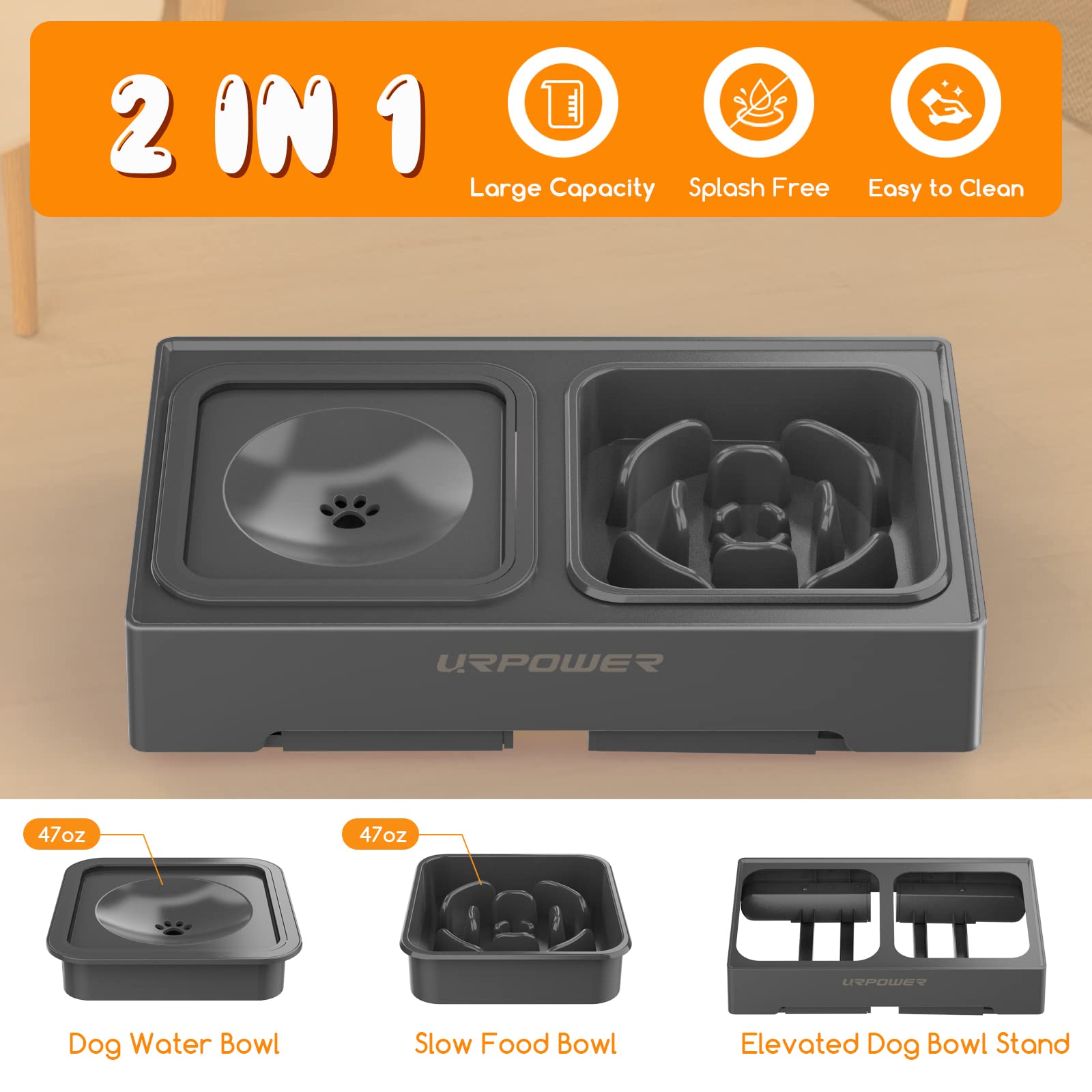 URPOWER 2-in-1 Elevated Slow Feeder Dog Bowl with No Spill Water Bowl - 4 Height Adjustable Raised Pet Feeder for Small, Medium & Large Dogs, Cats - Anti-Choking & Digestion Aid for Fast Eaters - Perfect for Home, Travel & Outdoor Use