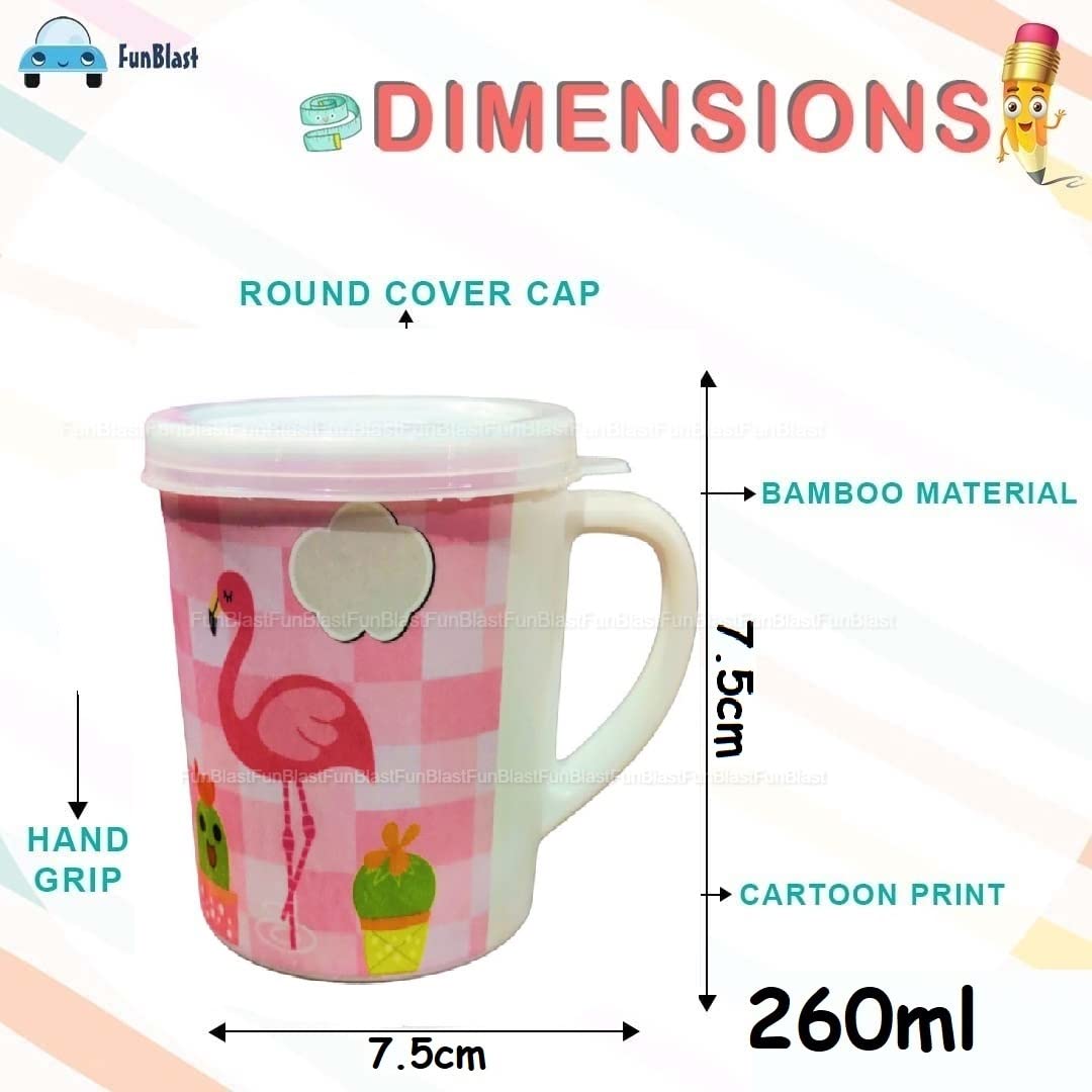 FunBlast Kids Milk Mug with Lid – BPA-Free Cartoon Flamingo Design, Bamboo Fiber Cup for Toddlers & Children, 260ml Leak-Proof Handle Mug – Perfect for School, Travel, and Home Use