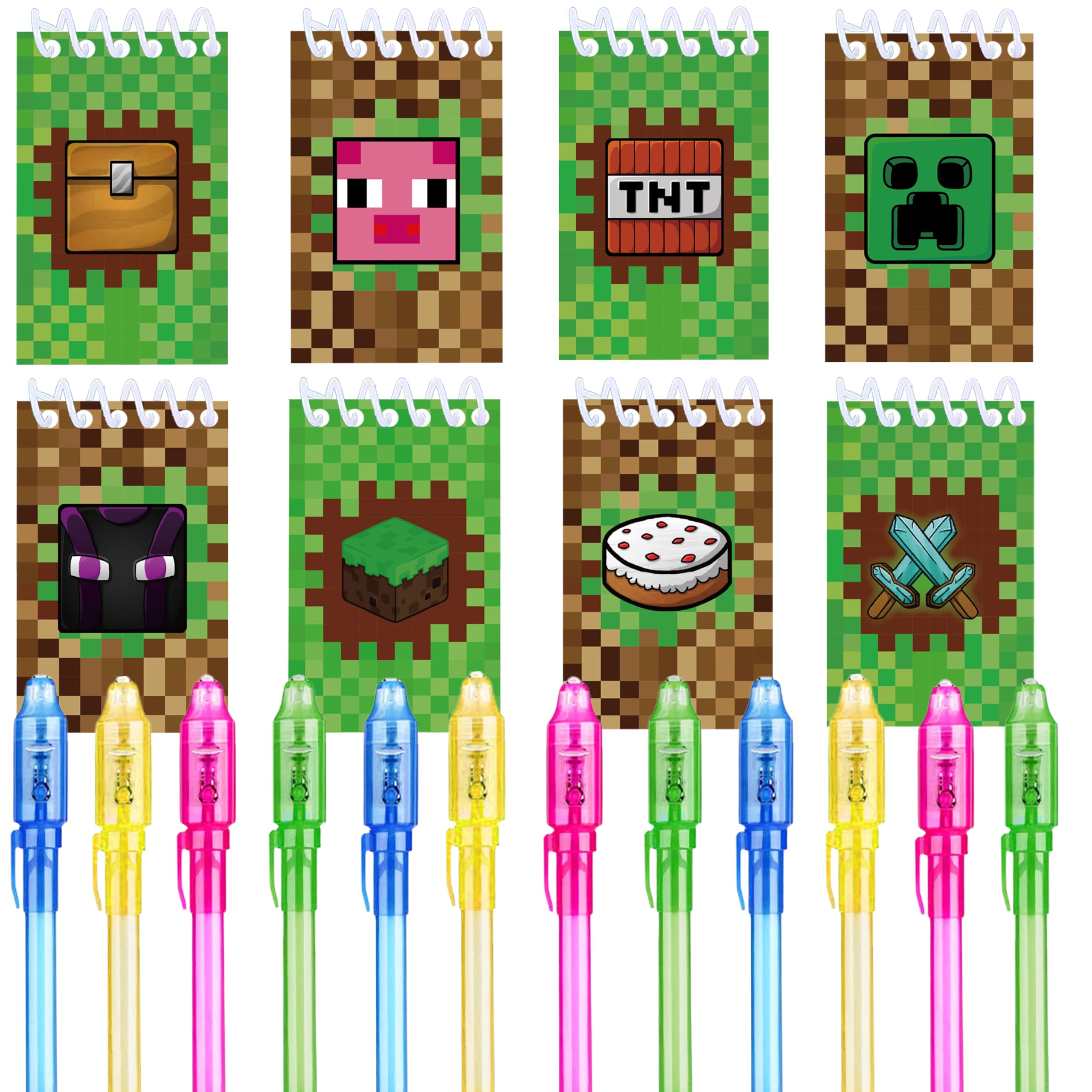 24 Pcs Pixel Theme Party Favors - 12 Invisible Ink Pens & 12 Mini Pixel Notepads | Goodie Bag Stuffers, Classroom Prizes, Birthday Party Supplies for Kids & School Events | Perfect for Themed Parties, Classroom Rewards & Birthday Giveaways