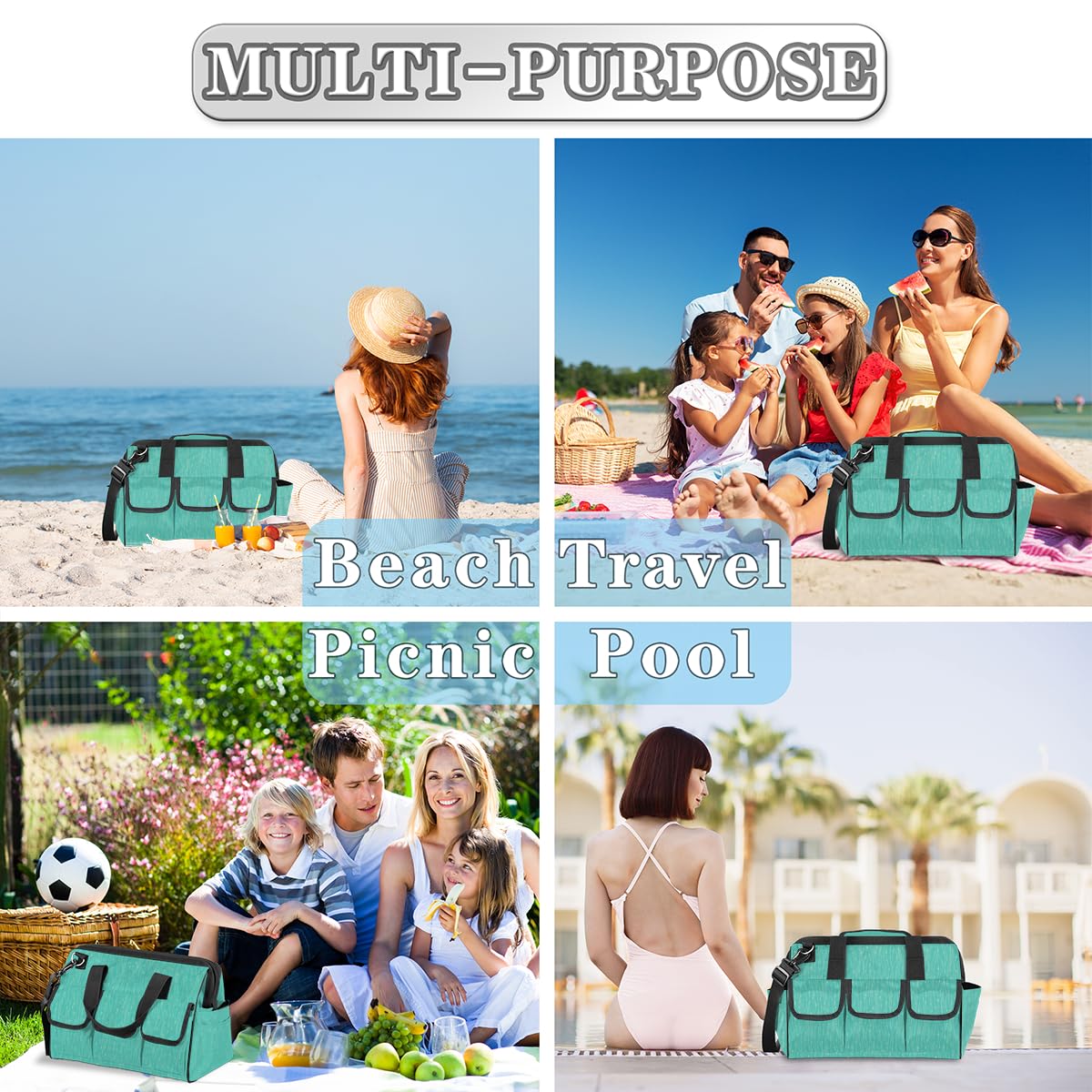 Teal Turquoise Heavy Duty 14-Pocket Tool Bag with Adjustable Strap - Wide Mouth Tool Organizer Tote for Men & Women (14.8 Inches) - Perfect for Construction, DIY Projects & Home Repairs