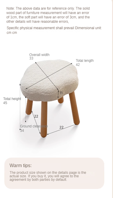 Nordic Style Solid Wood Makeup Stool - Beech & Birch with Lamb Velvet Cloud Cushion for Vanity, Dressing Table, and Bedroom Decor