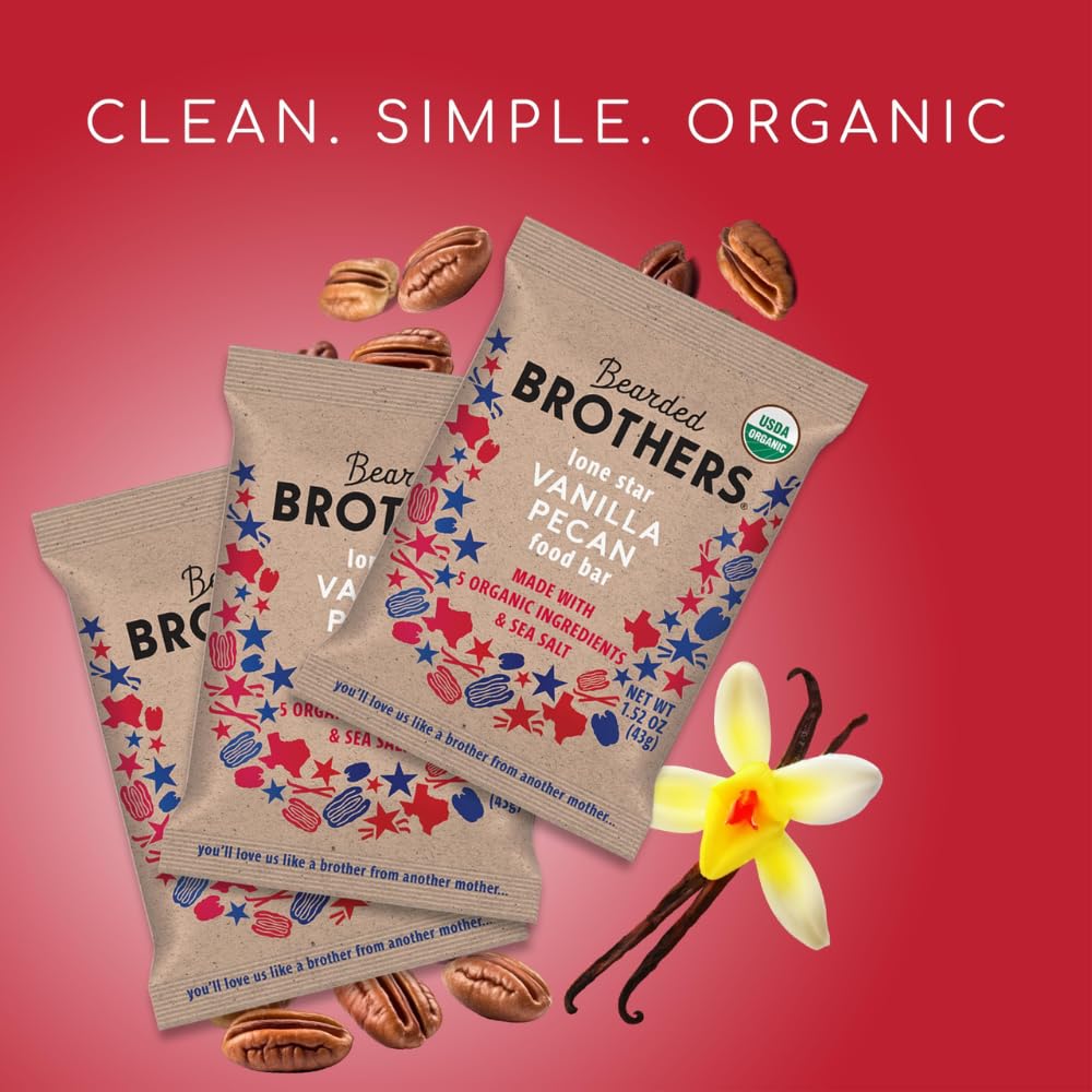 Bearded Brothers Organic Vegan Protein Energy Bars - Gluten Free, Paleo, Whole30 Approved, High Fiber, Non-GMO, Soy Free, Low Sugar Snacks | 12 Pack Vanilla Pecan Flavor | Perfect for Hiking, Workouts & On-the-Go Nutrition