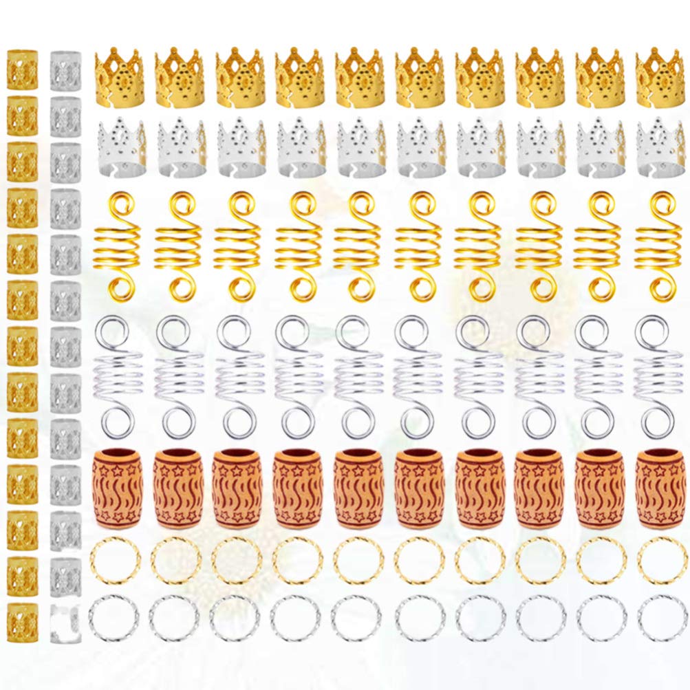 KALLORY 140pcs Gold Hair Braid Clips & Rings - Dreadlock Cuffs, Hair Charms & Beads for Dreadlocks - Fabric Beads Accessories for Weaving & Knitting (Perfect for Boho Hairstyles & Festival Looks)