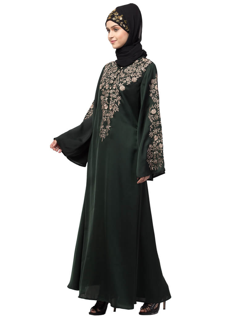 Elegant Arabic Embroidered Abaya Dress with Neck & Sleeve Resham Details - Green A-Line Party Wear for Women | Perfect for Weddings, Eid Celebrations & Special Occasions