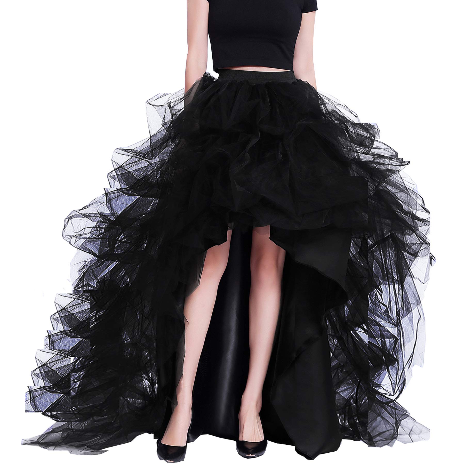 Lisong Women's Black Tulle Floor-Length Layered High-Low High Waist Party Skirt for Prom, Wedding, Evening Gala & Special Occasions
