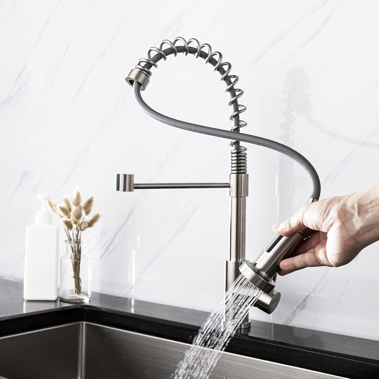 DeerValley DV-1J82101 Brushed Nickel Single Handle Pull Down Kitchen Faucet with Spring Sprayer - Modern Stainless Steel Sink Faucet for Home, Restaurant & Commercial Use