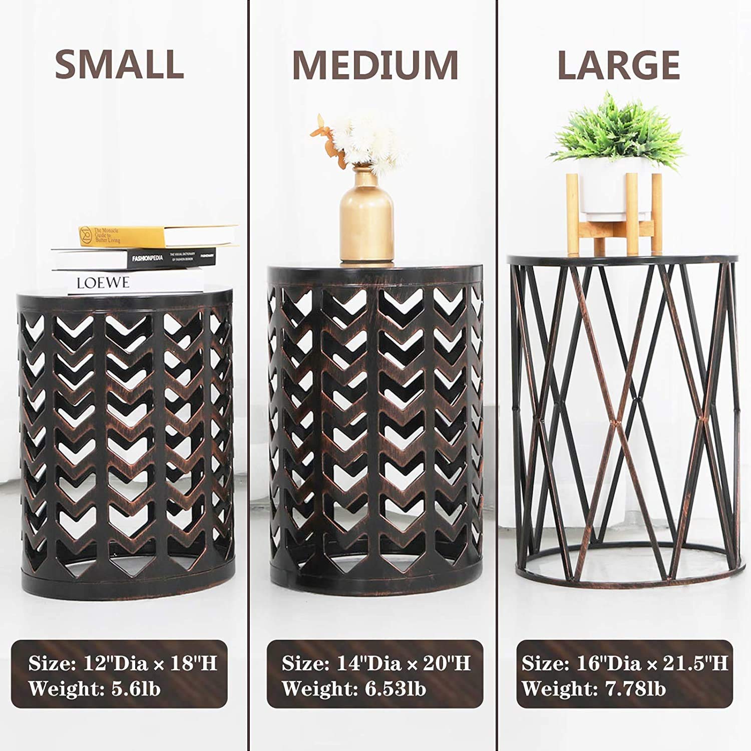 Y&M 3-Piece Nesting Side Table Set - Modern Industrial Stacking Coffee Tables for Living Room, End Tables & Outdoor Garden Stool - Heavy Duty Black with Bronze Finish (Perfect for Small Spaces, Patio Decor & Apartment Living) - Ships from USA