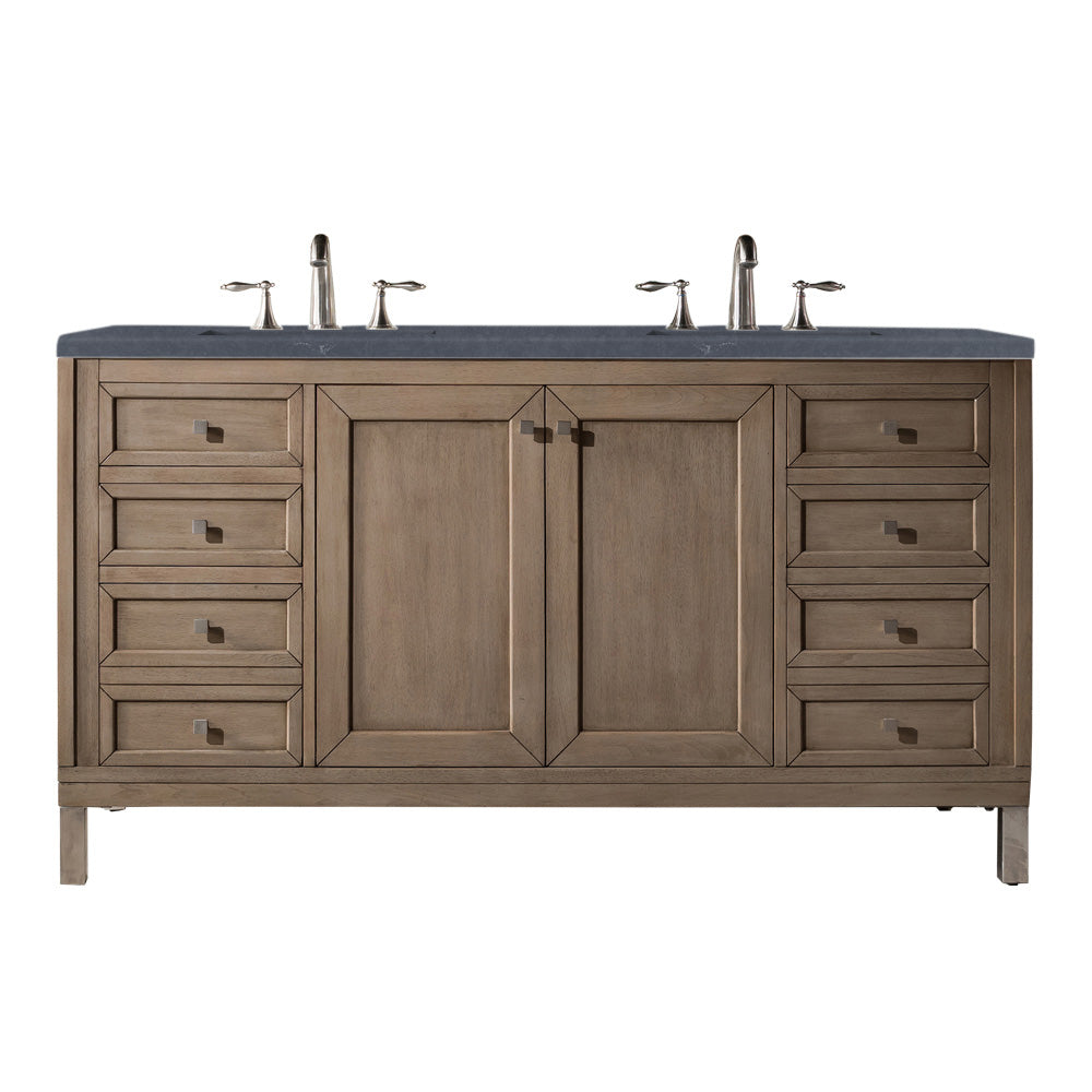 Chicago 60-Inch Double Vanity with Whitewashed Walnut Base & 3CM Charcoal Soapstone Quartz Countertop - Perfect for Modern Bathroom Renovation & Luxury Home Upgrade