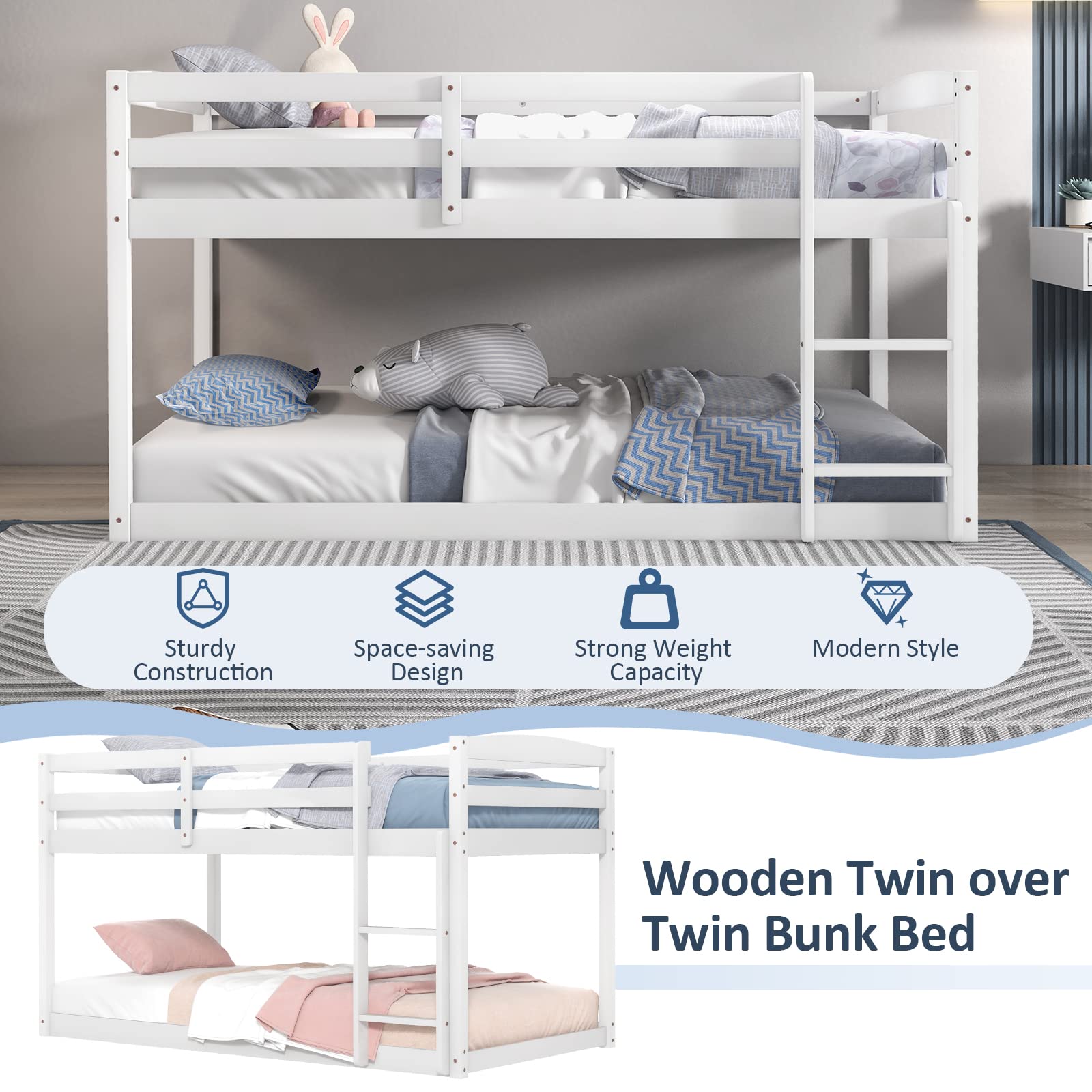 Giantex Twin Low Bunk Bed Frame - Solid Wood Twin Over Twin Bunk Bed with Full Guardrails & Built-in Ladder - Sturdy Kids Bunk Beds for Boys and Girls - No Box Spring Required - White - Perfect for Small Bedrooms, Kids' Rooms, Sleepovers & Space-Saving Solutions