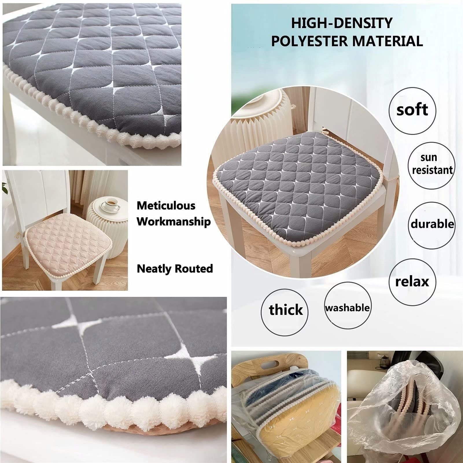 18x18 Inch Non-Slip Kitchen Chair Cushions with Ties - Comfortable Dining Room Seat Pads for Kitchen Chairs, Breathable Grid Design for All Seasons (Gray) - Perfect for Home, Office, Restaurant and Outdoor Use