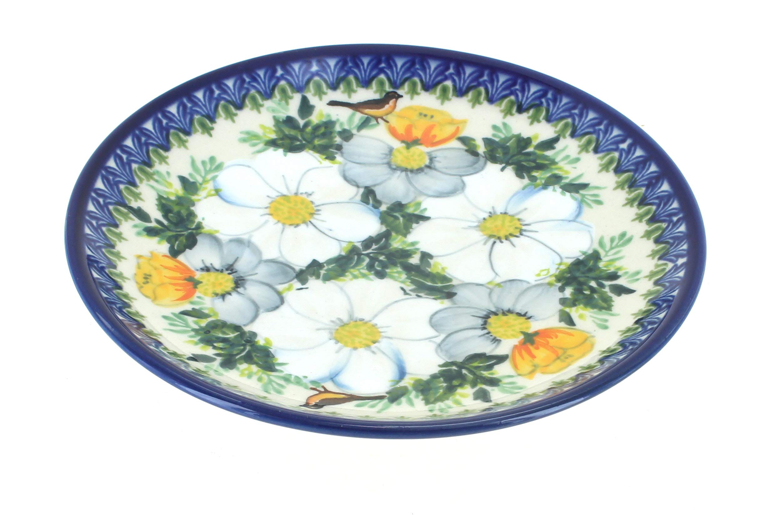 Hand-Painted Blue Rose Polish Pottery Goldfinch Dessert Plate - Elegant Floral Design for Afternoon Tea, Dessert Serving & Home Decor