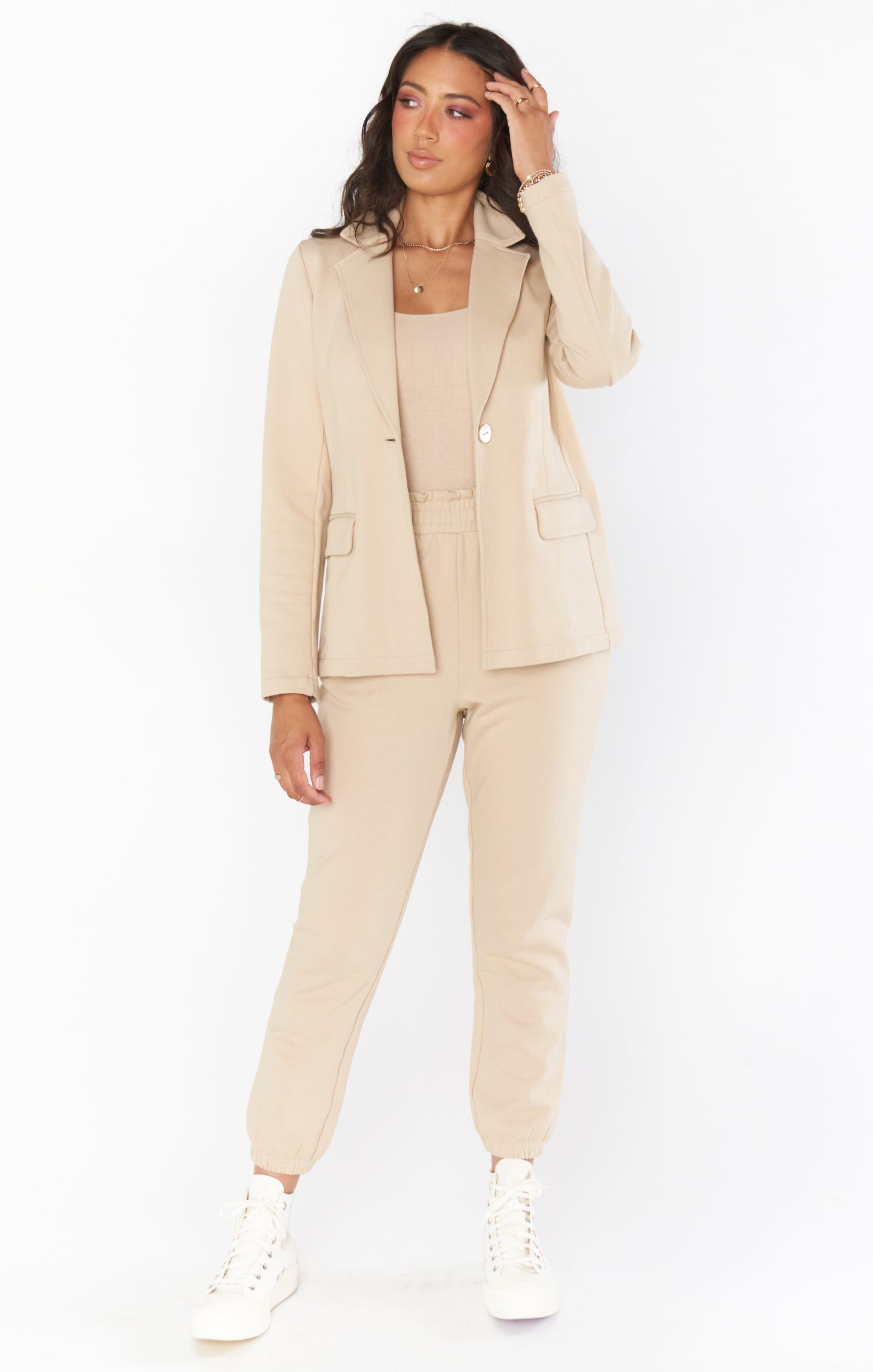 Stylish Tan Knit Blazer for Women - Comfortable & Trendy Lazy Chic Outerwear - Perfect for Office, Casual Outings & Date Nights