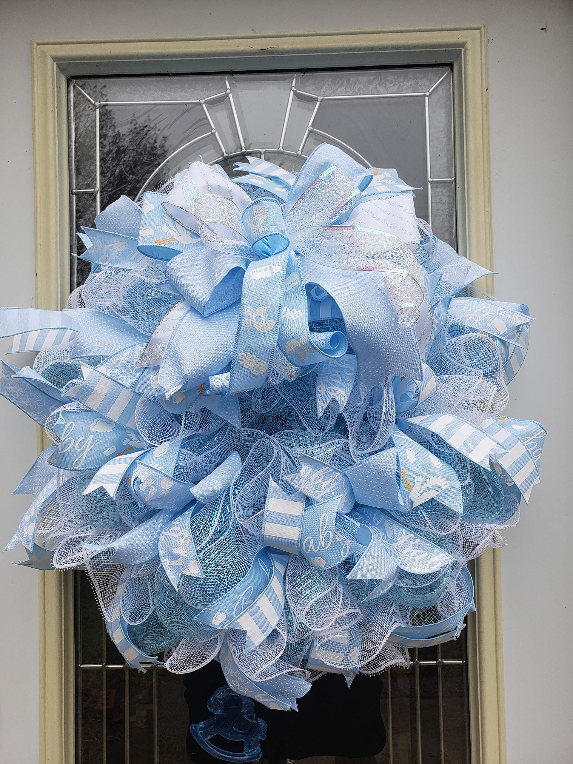 Pastel Blue Deco Mesh Baby Boy Wreath - Handmade Welcome Wreath for Newborn Nursery Decor, Baby Shower Gift & Front Door Decoration | Perfect for Boys' Room, Christening & First Birthday Party Decorations