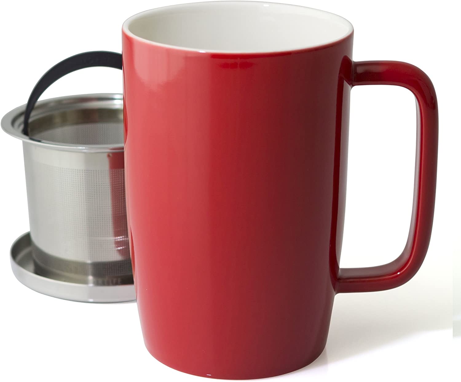 FORLIFE Dew Glossy Finish Tea Infuser Mug with Removable Basket & Mirror Stainless Steel Lid - 18oz Red - Perfect for Loose Leaf Tea Brewing at Home, Office or Gifts