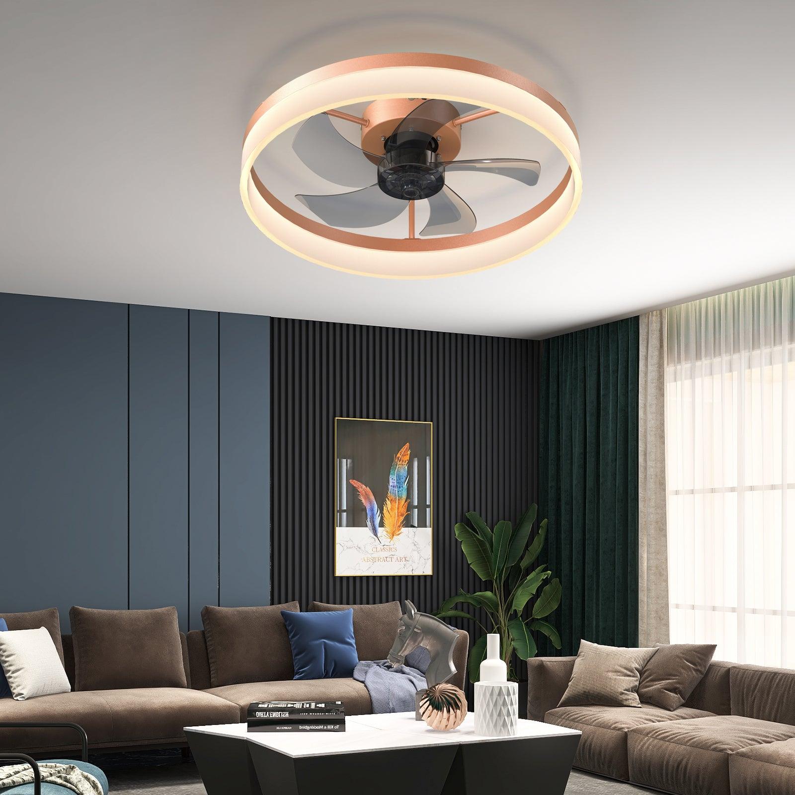 Modern Rose Gold Ceiling Fan with Dimmable LED Lights - Ultra-Thin Flush Mount Design for Bedroom, Living Room & Office