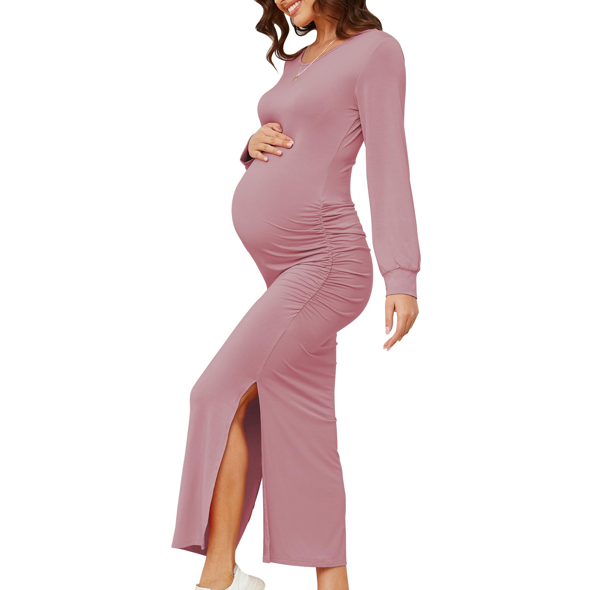 **2025 Spring Women's Maternity Dress - Long Sleeve Bodycon Maxi Dress with Side Split for Baby Shower & Pregnancy - Perfect for Maternity Photos, Parties & Everyday Wear**