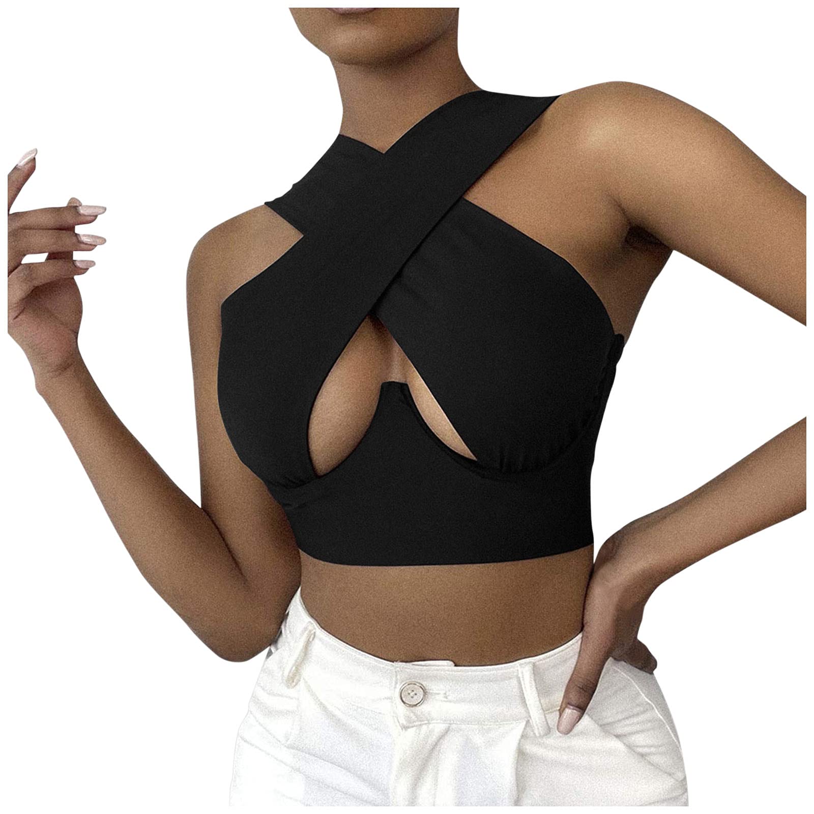 POLLYANNA KEONG Women's Summer Tops - Trendy Crisscross Cut Out Halter Wrap Crop Top & Solid Cami Tank Tops | Perfect for Beach, Party & Casual Outfits