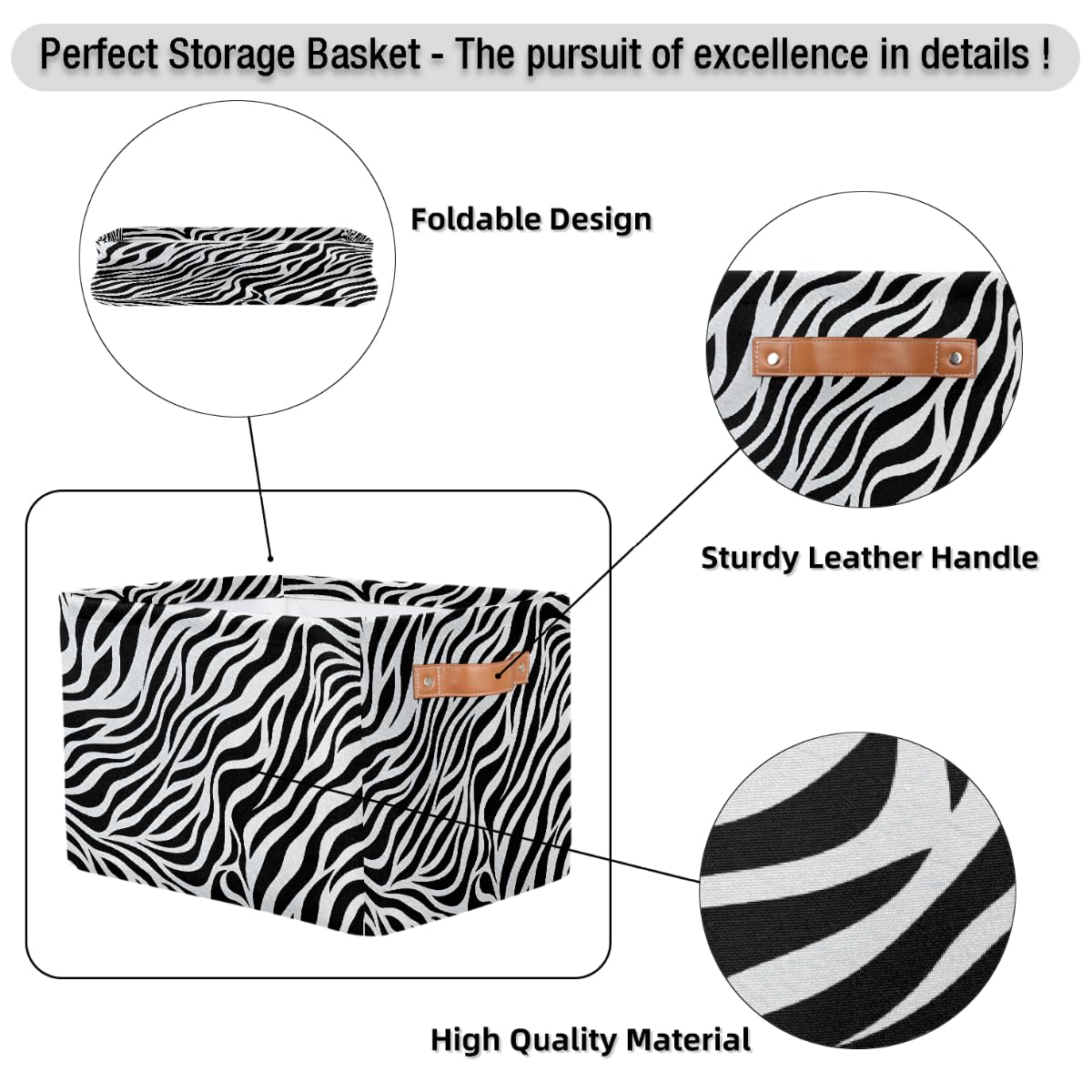Zebra Print Foldable Storage Baskets with Handles - 2 Pack Decorative Storage Bins for Shelves, Home Organization | Perfect for Bedroom Closet, Bathroom & Laundry Room Storage