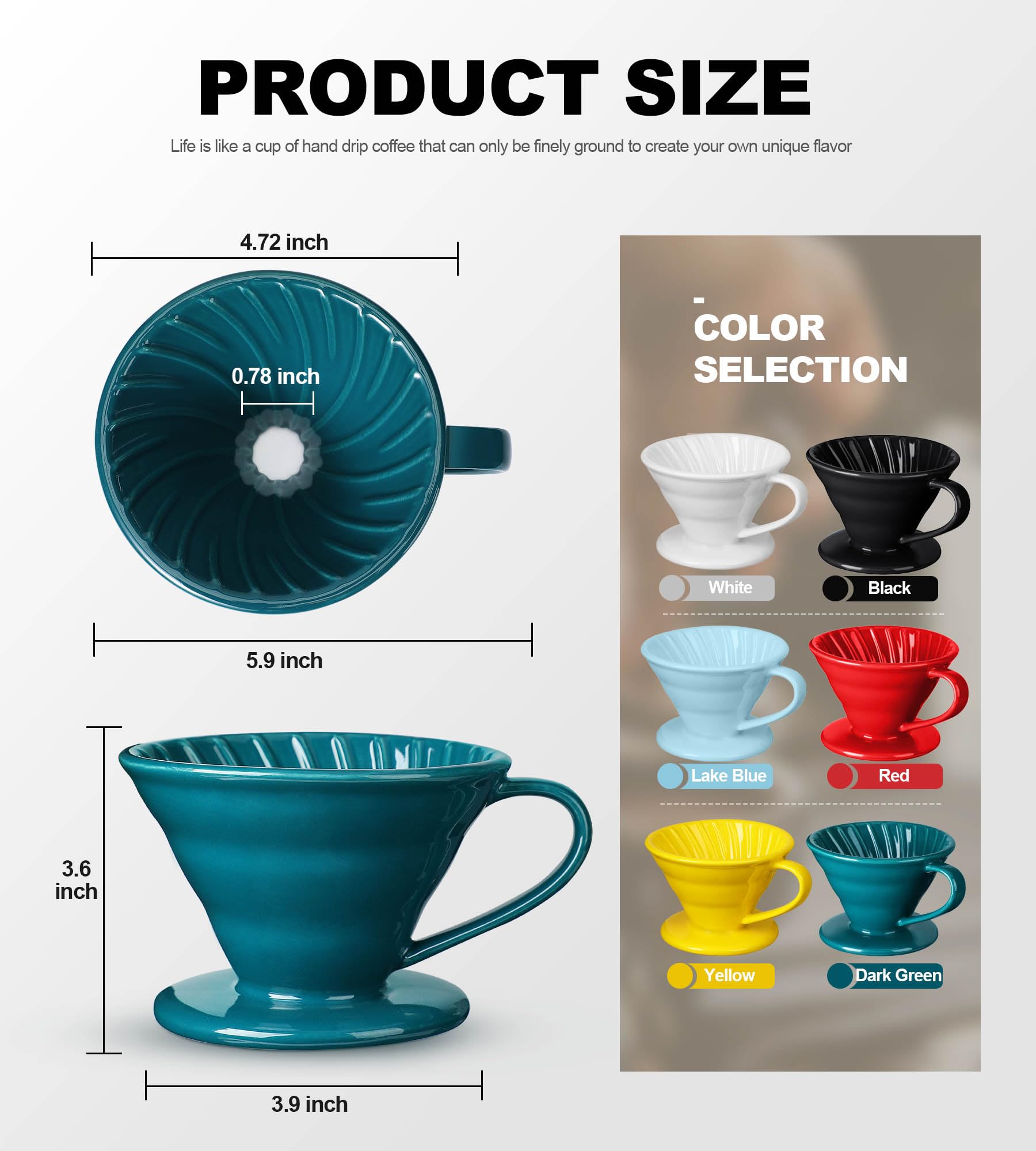 Premium Ceramic Pour Over Coffee Dripper - V60 Style 02 Size (1-4 Cup) Manual Coffee Maker for Home, Office & Cafe - Dark Green | Perfect for Specialty Coffee Brewing & Gift Giving