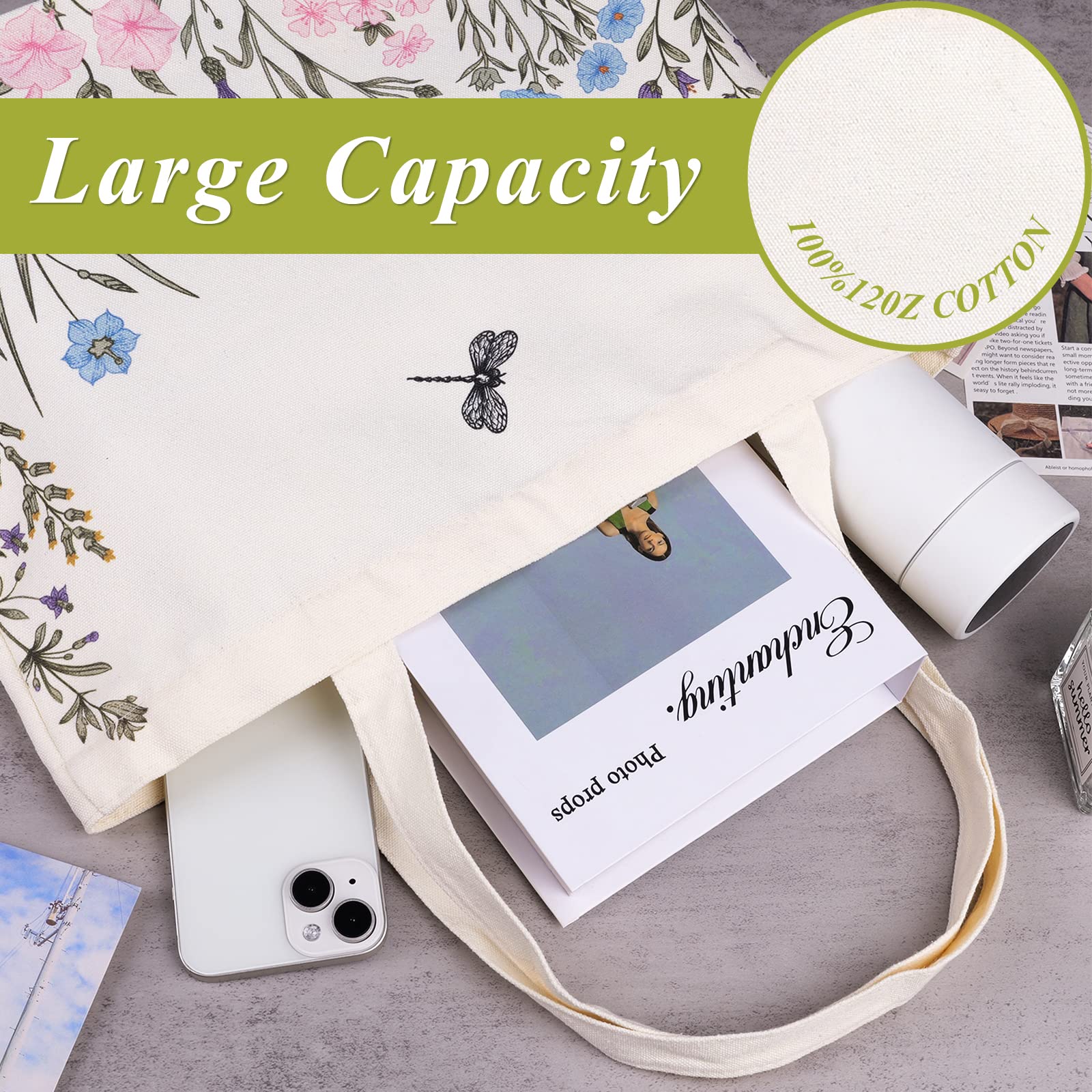 VAIPI Reusable Canvas Tote Bag for Women - Eco-Friendly Grocery Shopping Bag with Matching Makeup Pouch (Floral Print) - Perfect for Farmers Market, Beach Trips & Daily Errands