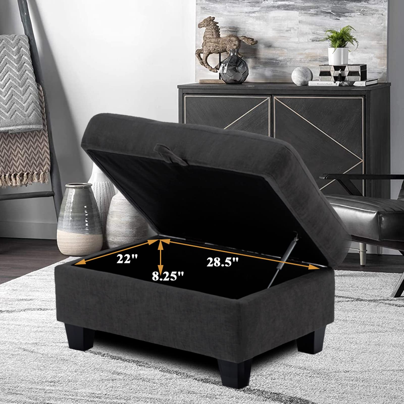 Sunflower Storage Ottoman Foot Stool - Multi-Functional Chaise Lounge Section for Living Room Furniture Sets, Deep Grey - Perfect for Extra Seating & Hidden Storage in Small Spaces