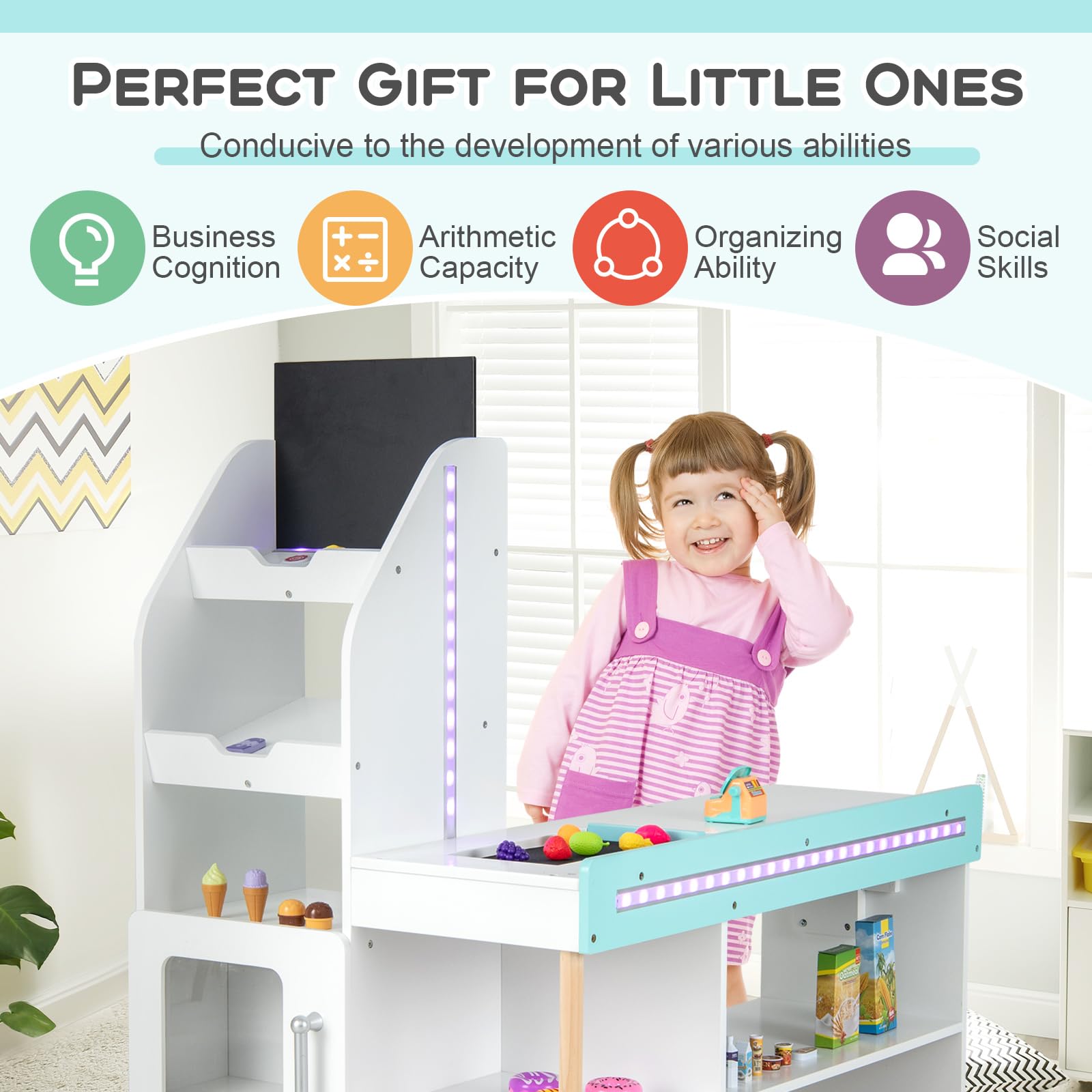 **GLACER Wooden Grocery Store Pretend Play Set for Kids Ages 3+ - Includes 40 Play Food Accessories, Cash Register, Moving Conveyor, Shopping Cart & 3 LED Light Strips - Educational Toy for Role Play & Imagination Development (Perfect for Home, Classroom & Playroom)**