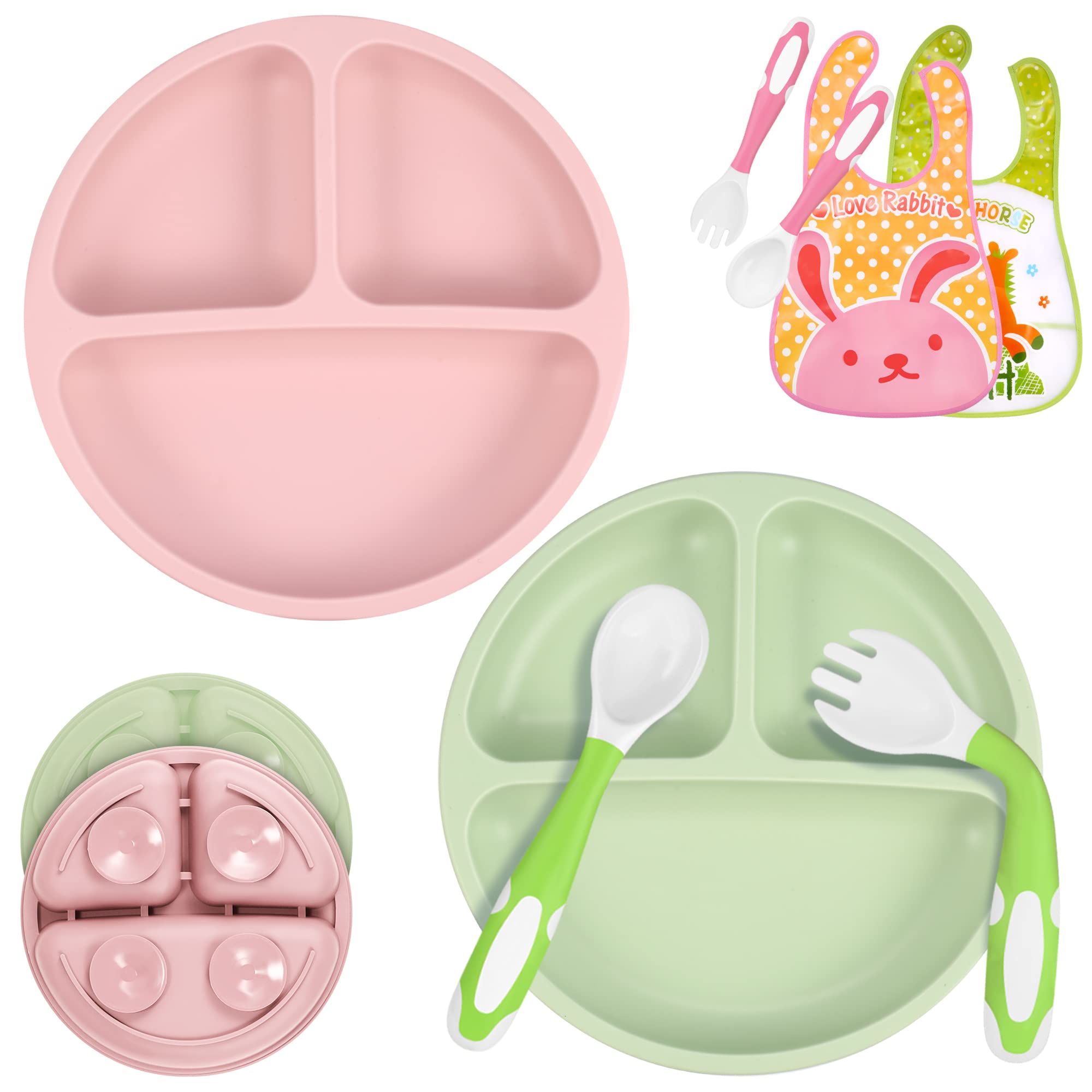 Non-Slip Silicone Baby Plates with Suction - BPA-Free, Microwave & Dishwasher Safe - Includes Utensils & Bibs - Partition Design for Easy Feeding & Weaning - Fits High Chair Trays - Perfect for Toddlers at Home, Daycare or Travel (Green & Pink)