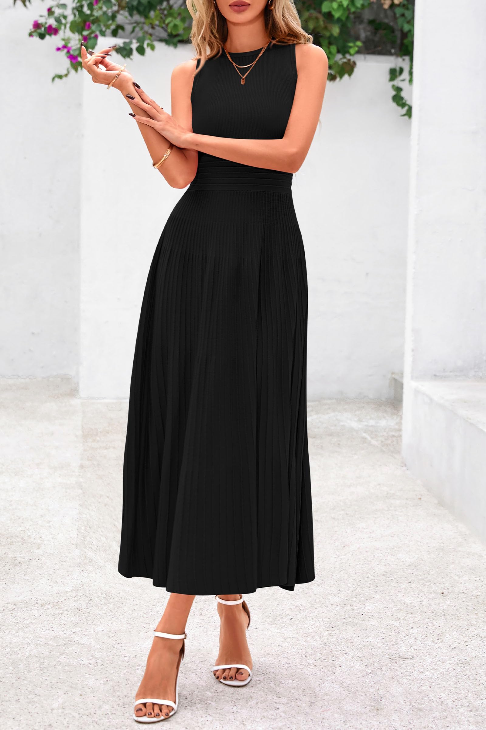 PRETTYGARDEN Women's Spring Summer Casual Business Dress 2025 - Sleeveless A-Line Pleated Midi Cocktail Dress for Work, Office & Party Wear | Perfect for Business Meetings, Cocktail Events & Summer Outings