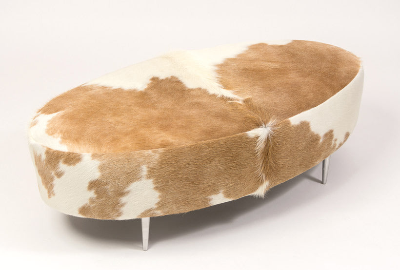 Premium Cowhide Ottoman with Metal Legs - Oval Beige & White Leather Footstool (47