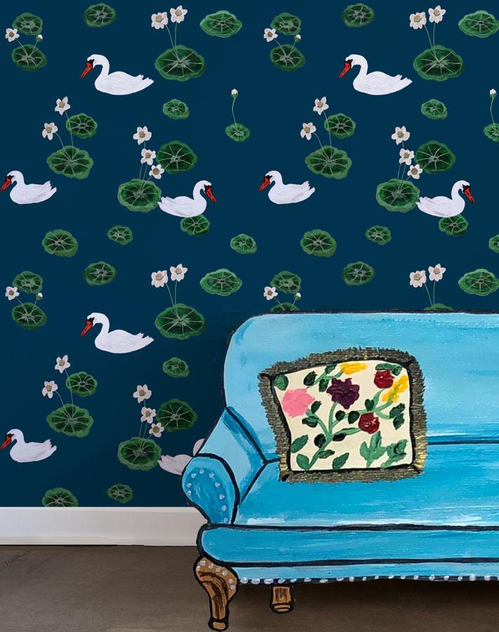 Lily Pad Lake Wallpaper by Carly Beck - Stunning Peacock Design for Home & Office Decor - Perfect for Living Room, Bedroom, or Nursery
