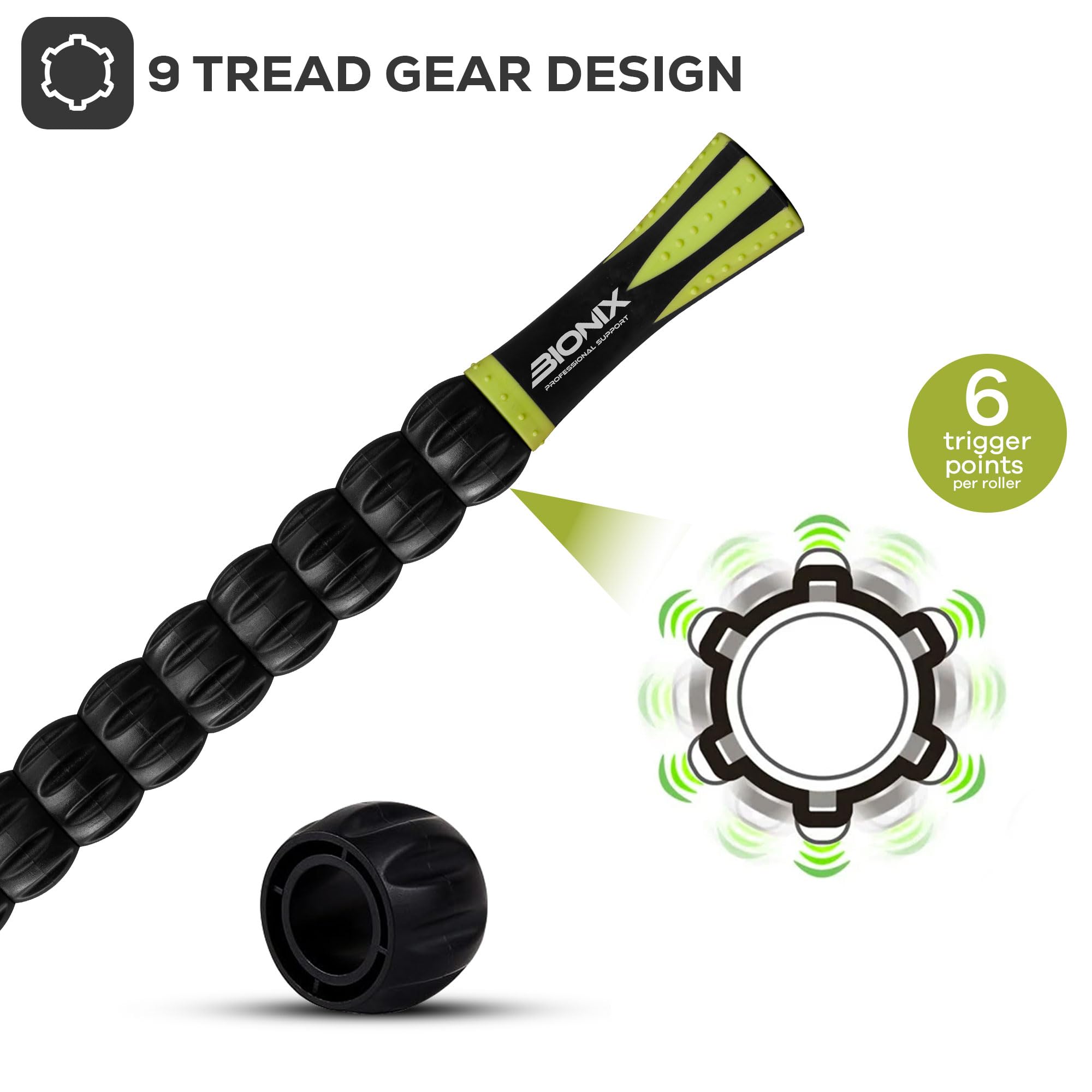 Bionix Deep Tissue Massage Roller Stick - 360° Muscle Roller for Trigger Points, Soreness & Tightness Relief, Myofascial Release and Recovery, Leg Calf Massager for Athletes, Runners, Yoga & Post-Workout Recovery (Green)