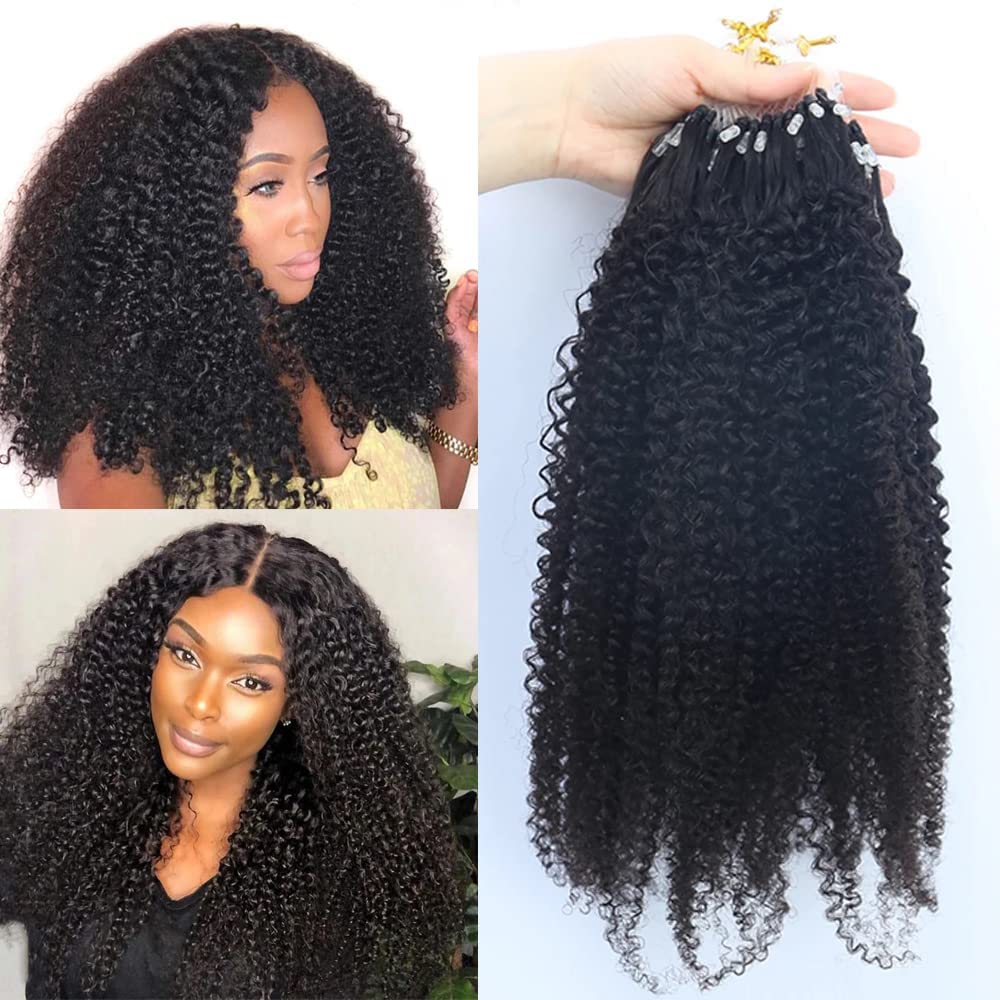 Mongolian Afro Kinky Curly Human Hair Extensions - 100 Strands Micro Loop Hair Weave for Black Women (26inch, Jet Black #1) | Perfect for Protective Styles, Braids, and Natural Hair Volume Boost