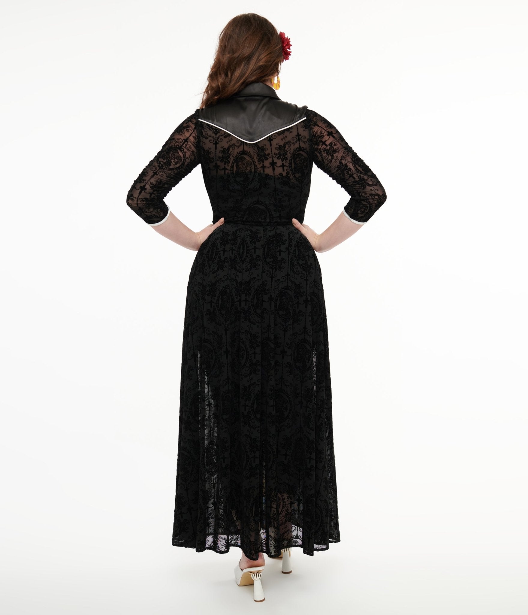 Vintage 1950s Black Flocked La Caterina Dia De Los Muertos Western Duster Coat - Retro Mexican Sugar Skull Print Long Cardigan for Halloween, Day of the Dead Celebration & Western Fashion